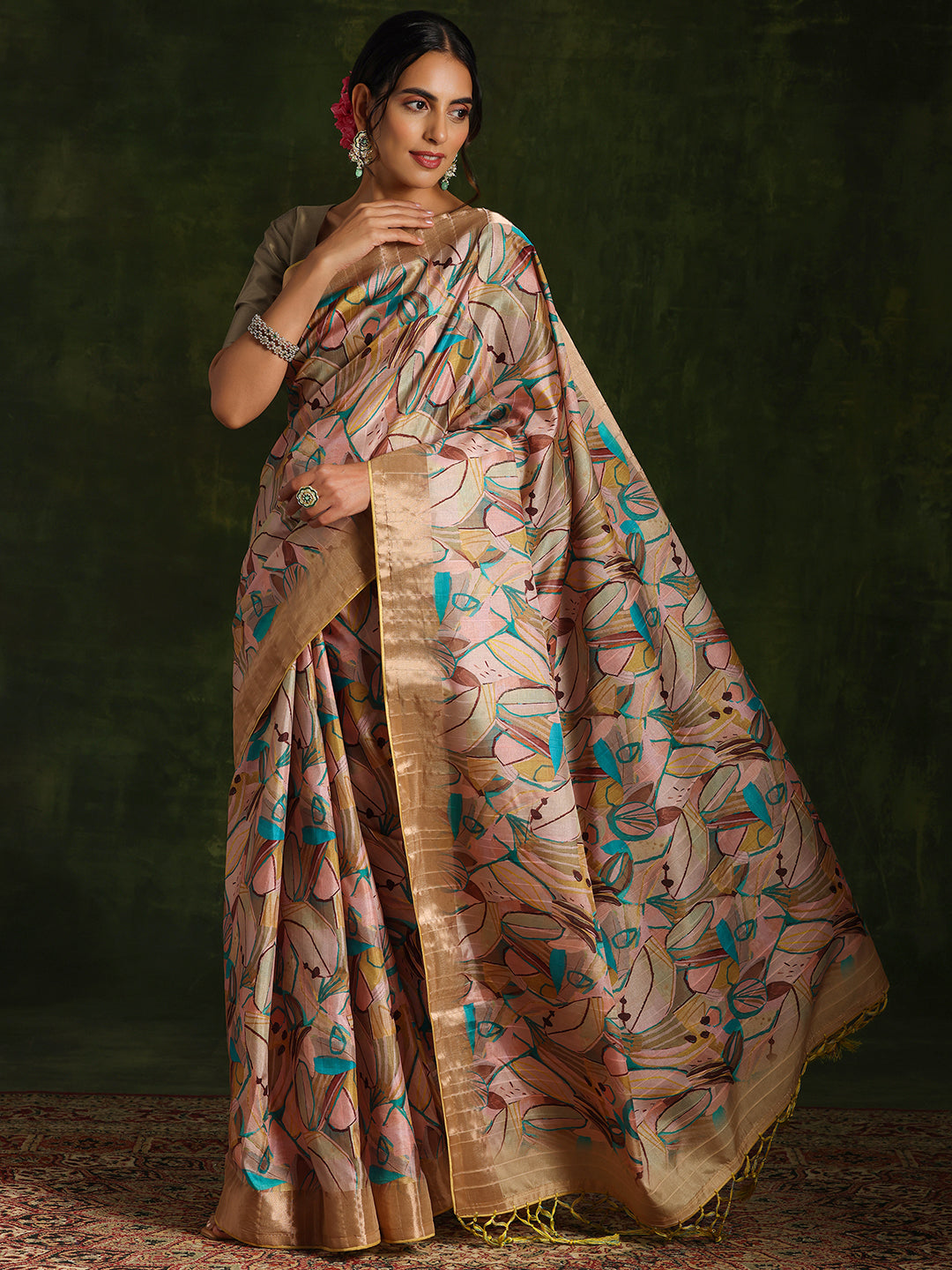 Green Printed Silk Blend Saree With Unstitched Blouse Piece