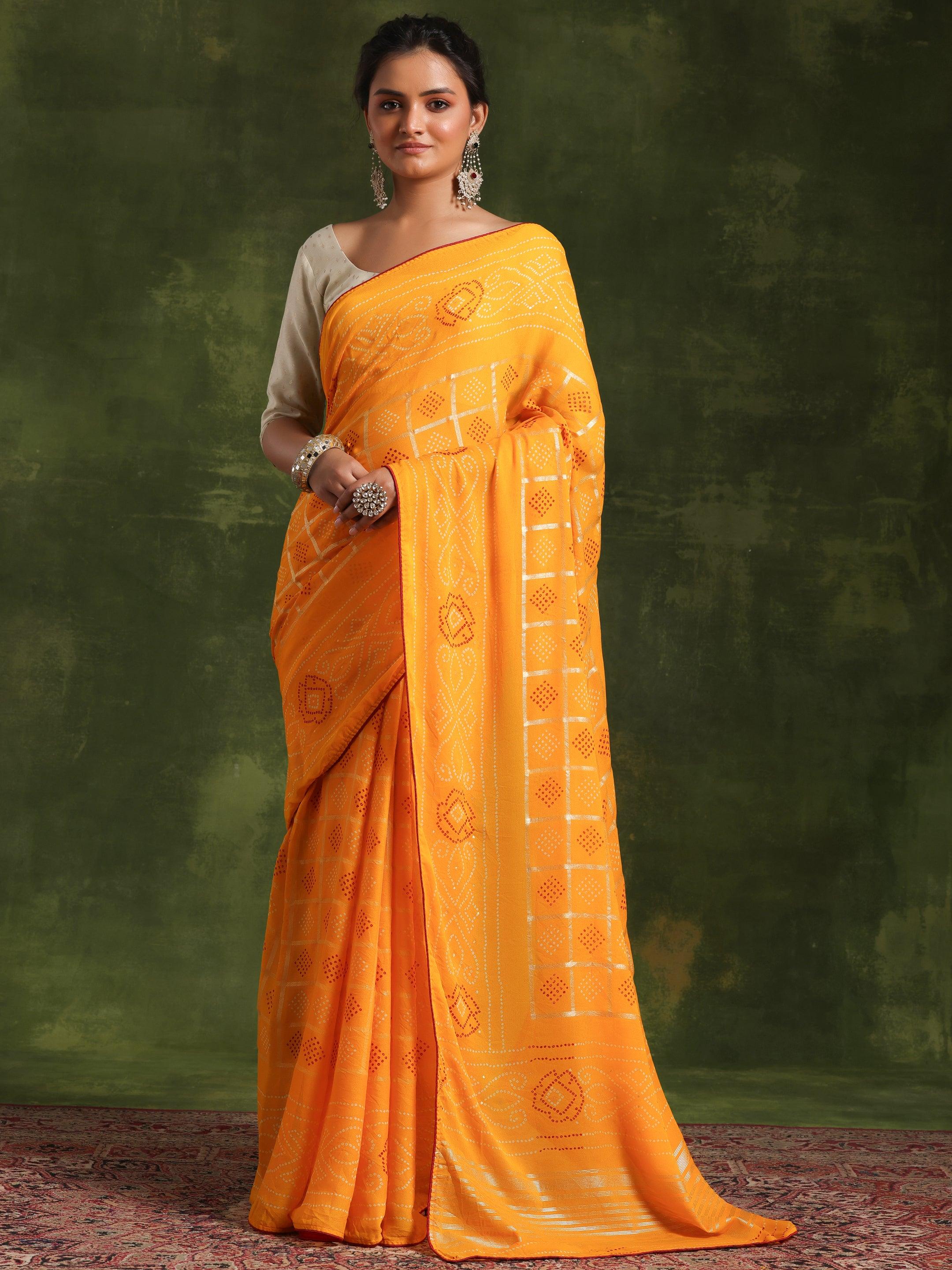 Mustard Printed Poly Georgette Saree With Unstitched Blouse Piece