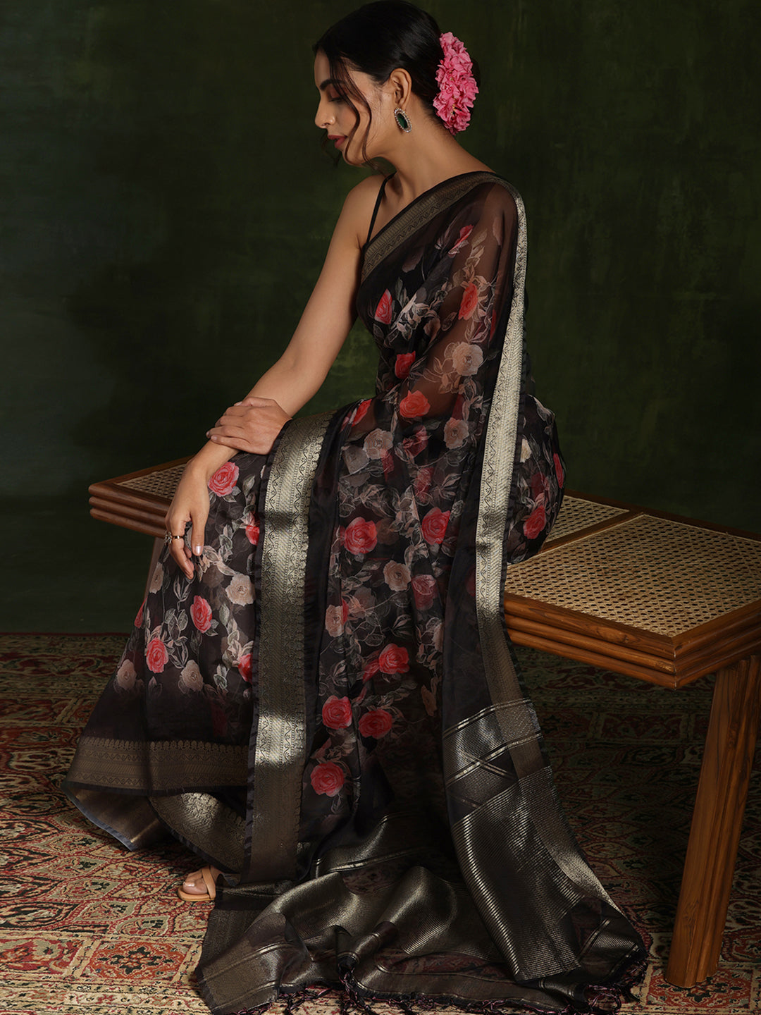 Black Printed Organza Saree With Unstitched Blouse Piece