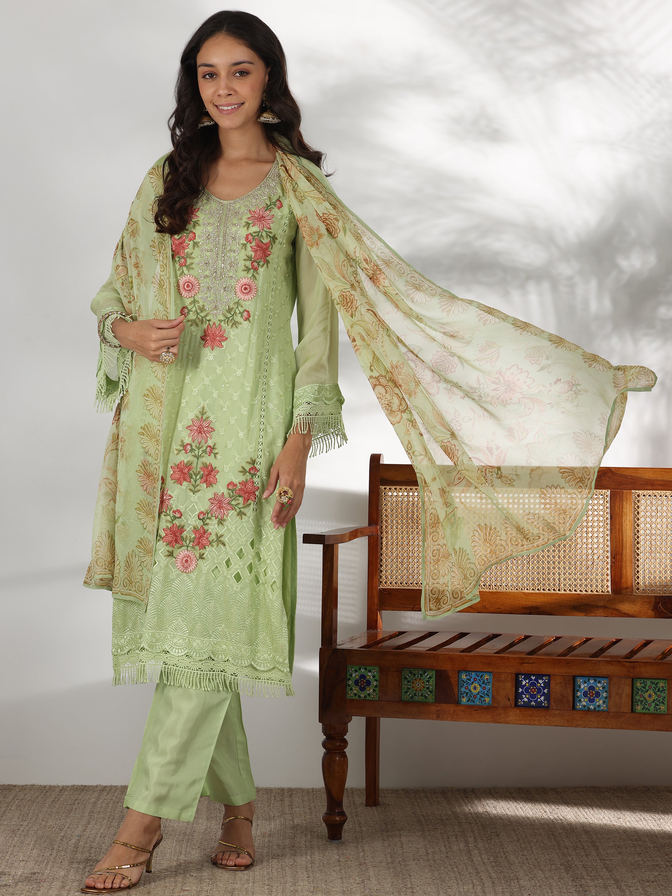 Green Embroidered Organza Straight Suit With Dupatta