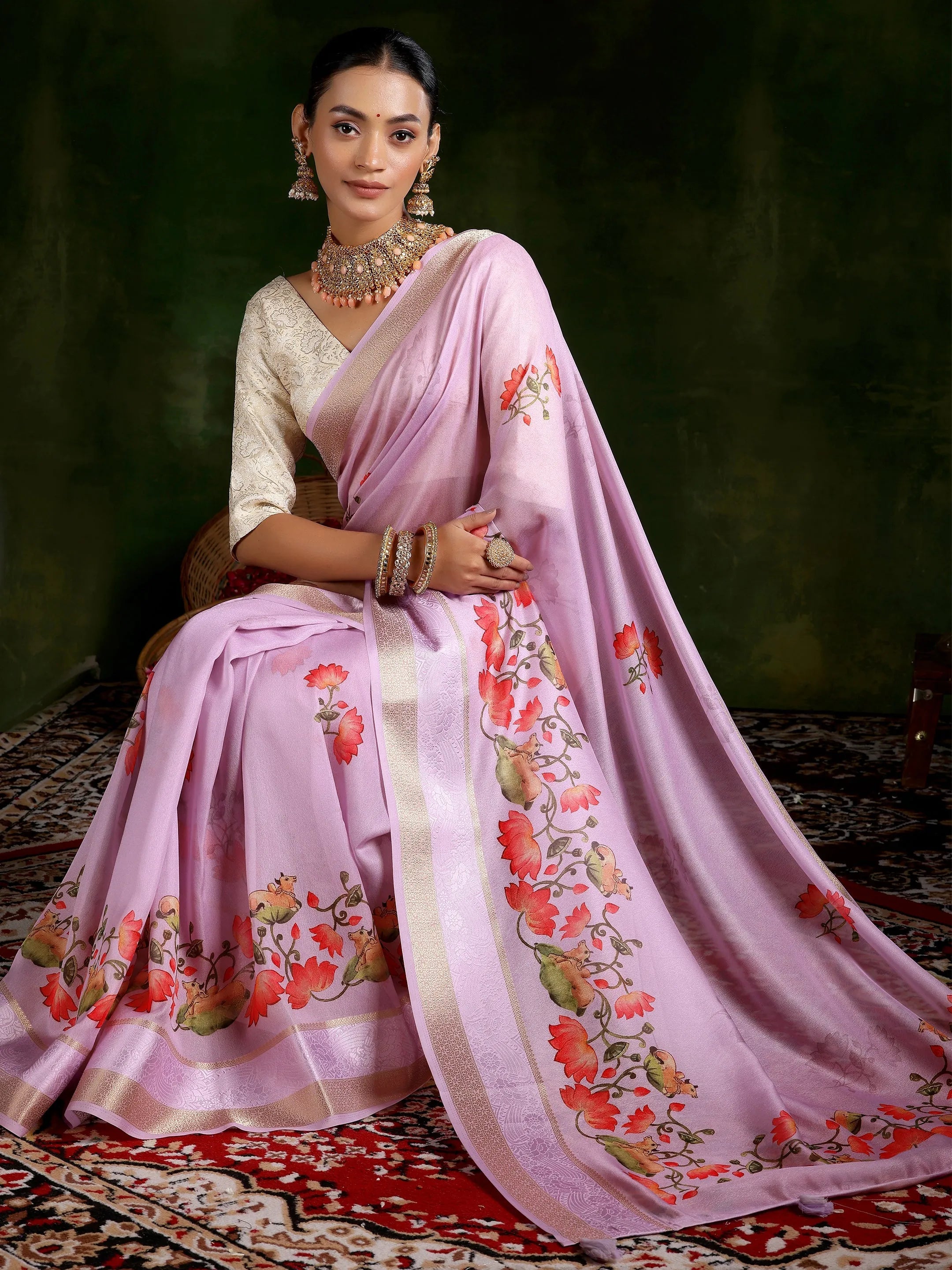 Lavender Printed Silk Blend Saree With Unstitched Blouse Piece