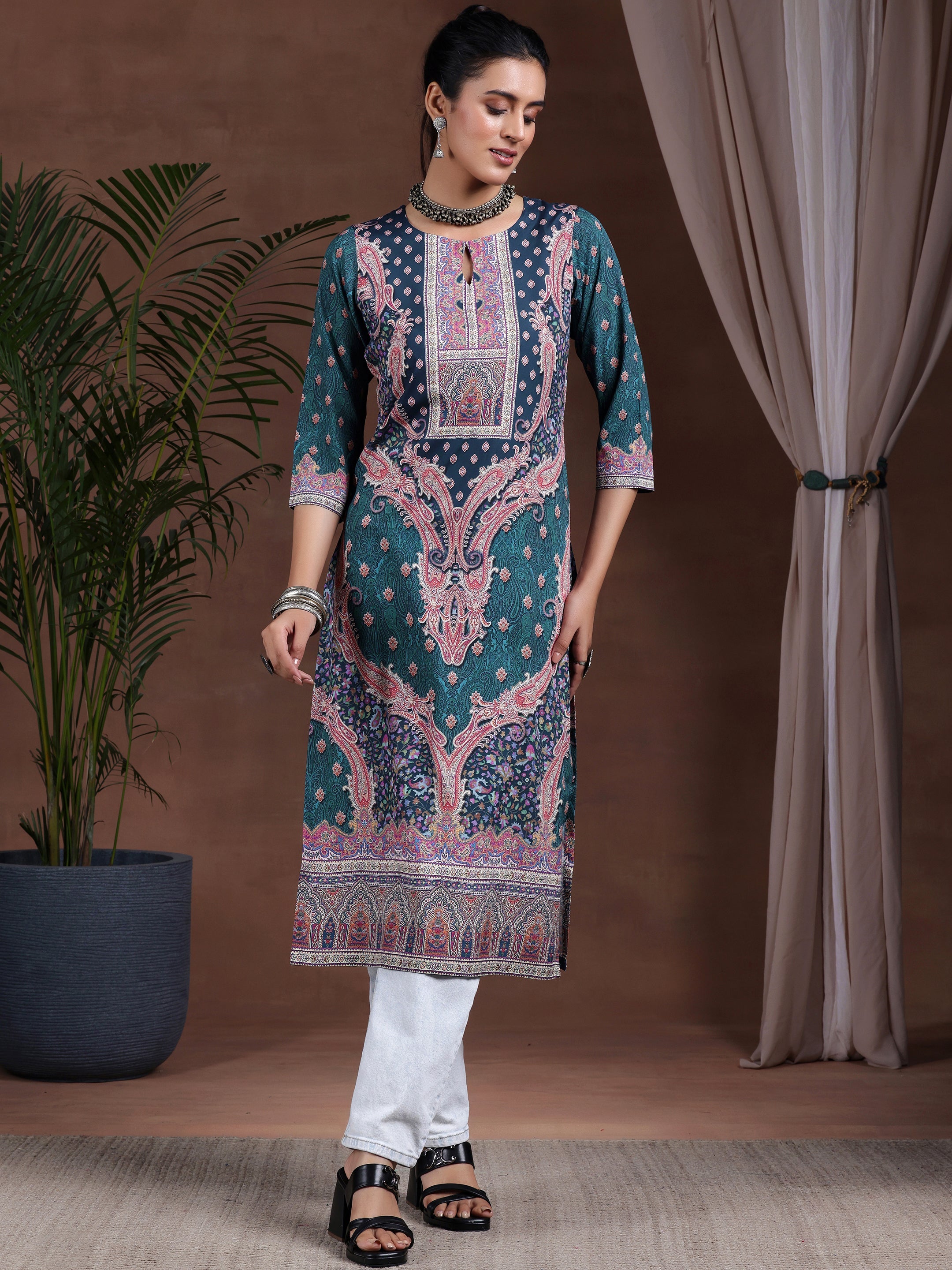 Blue Printed Crepe Straight Kurta