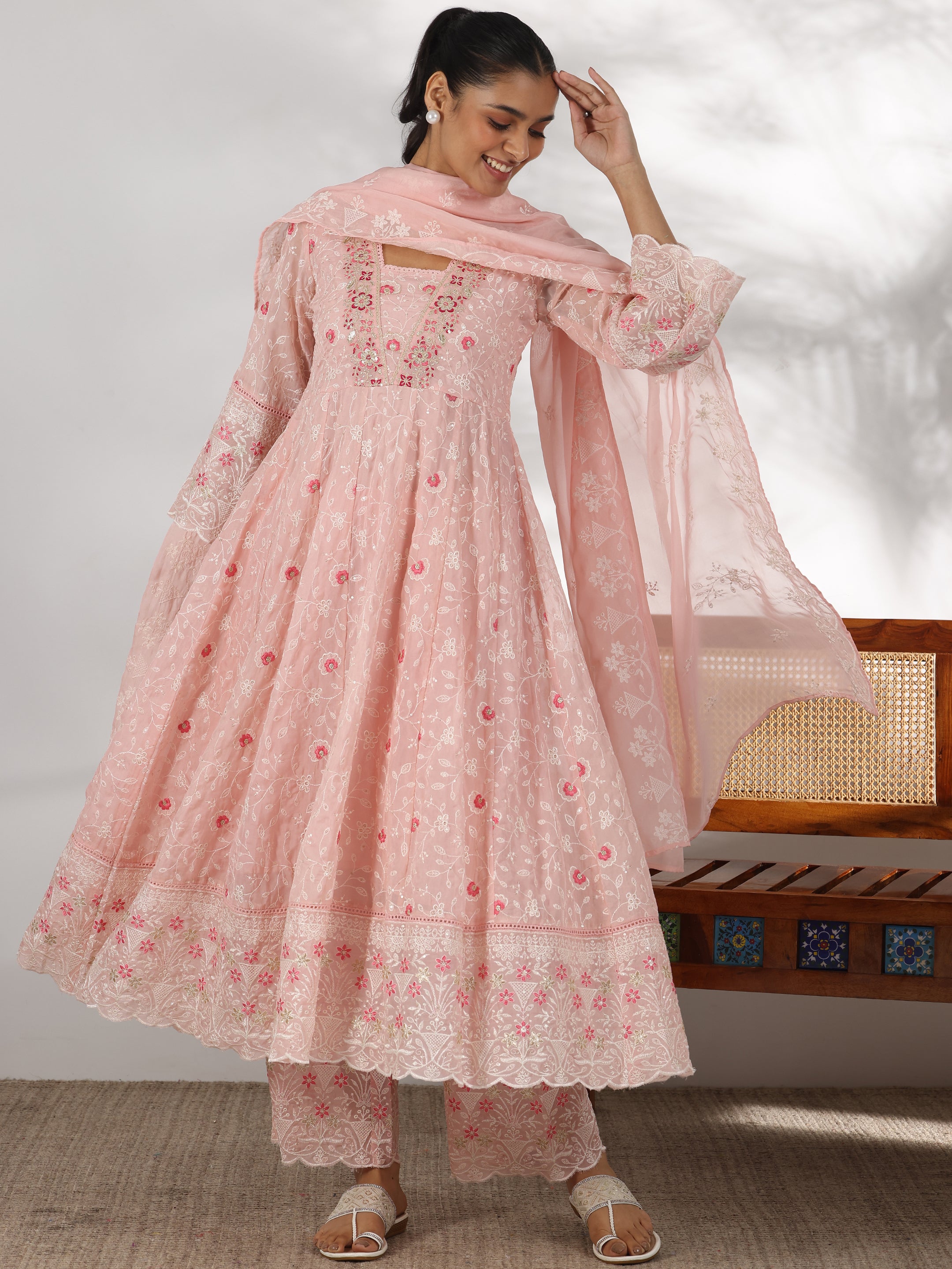 Pink Embroidered Organza Anarkali Suit With Dupatta