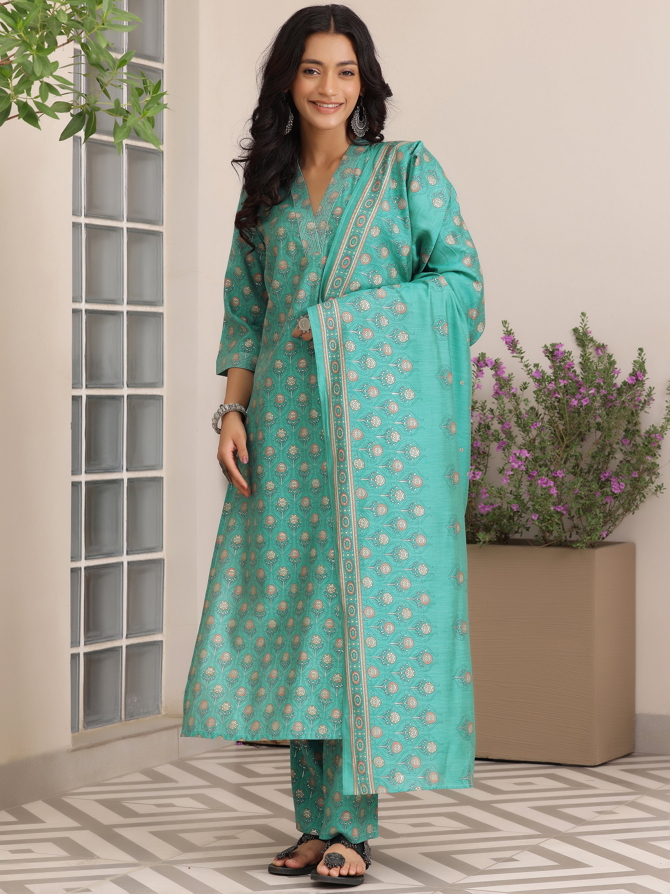 Blue Printed Silk Blend Straight Suit With Dupatta