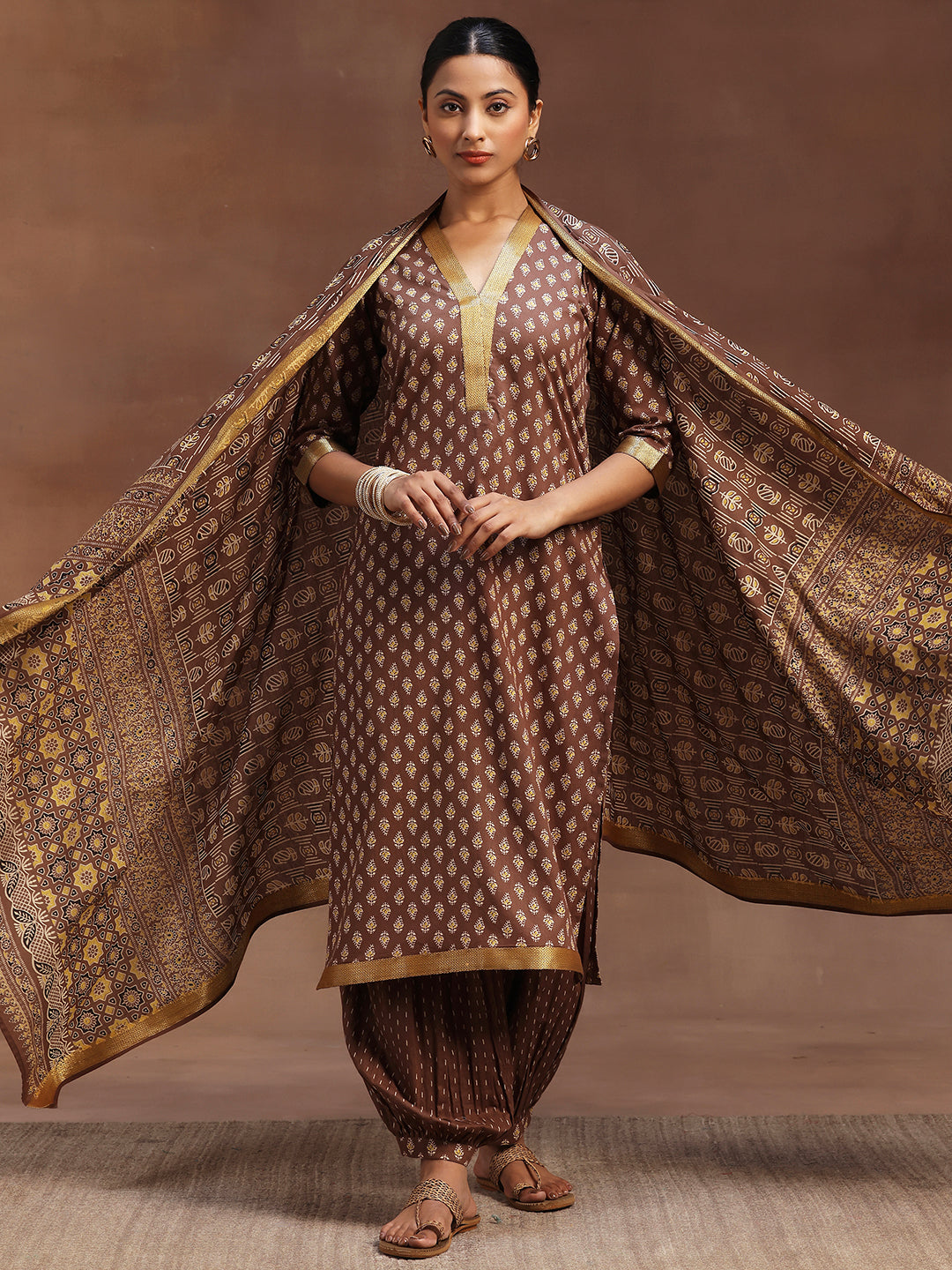 Brown Printed Cotton Straight Suit With Dupatta