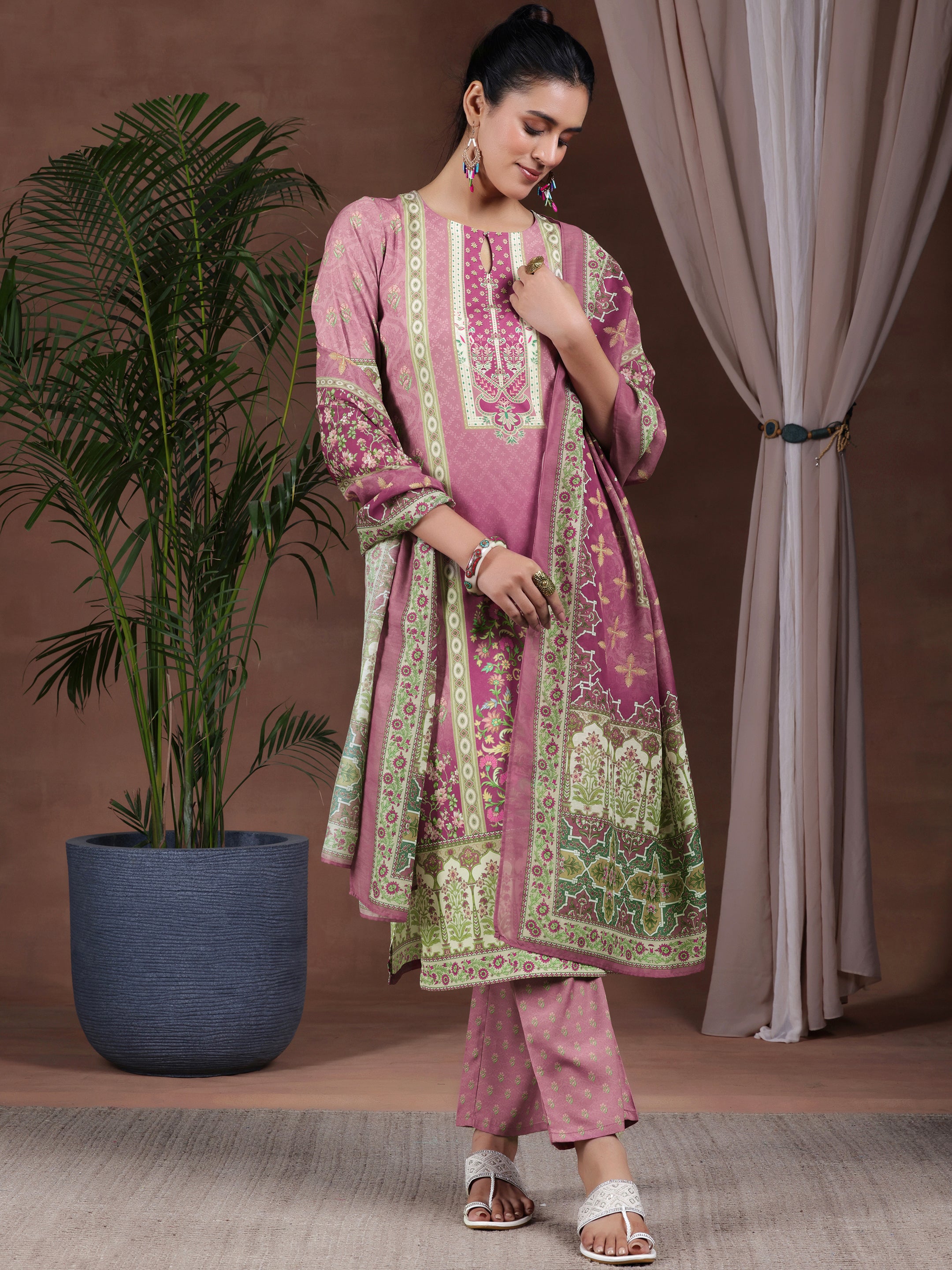 Mauve Printed Poly Crepe Straight Suit With Dupatta