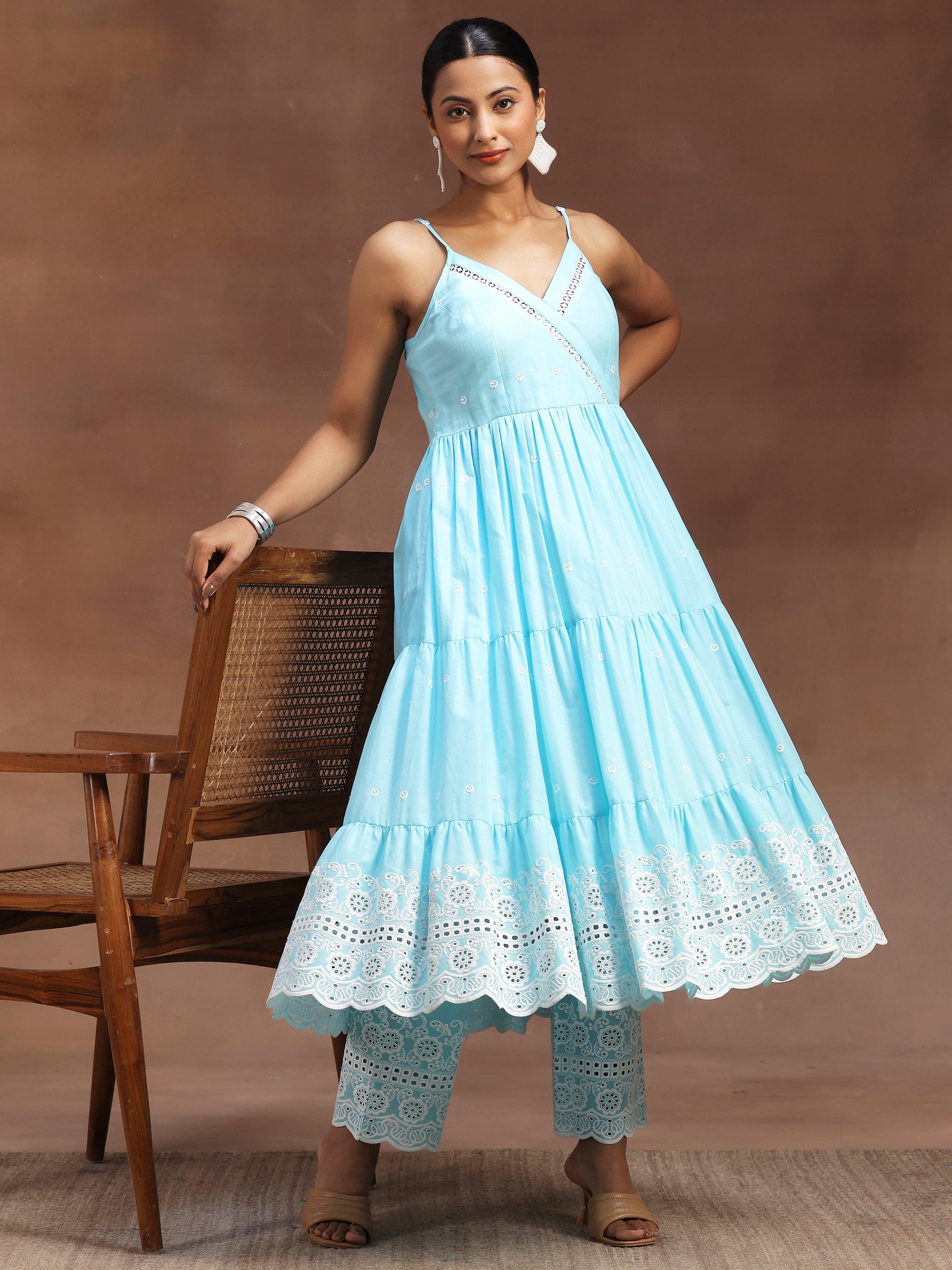 The Kiara Cut Blue Self Design Cotton Anarkali Kurta With Trousers