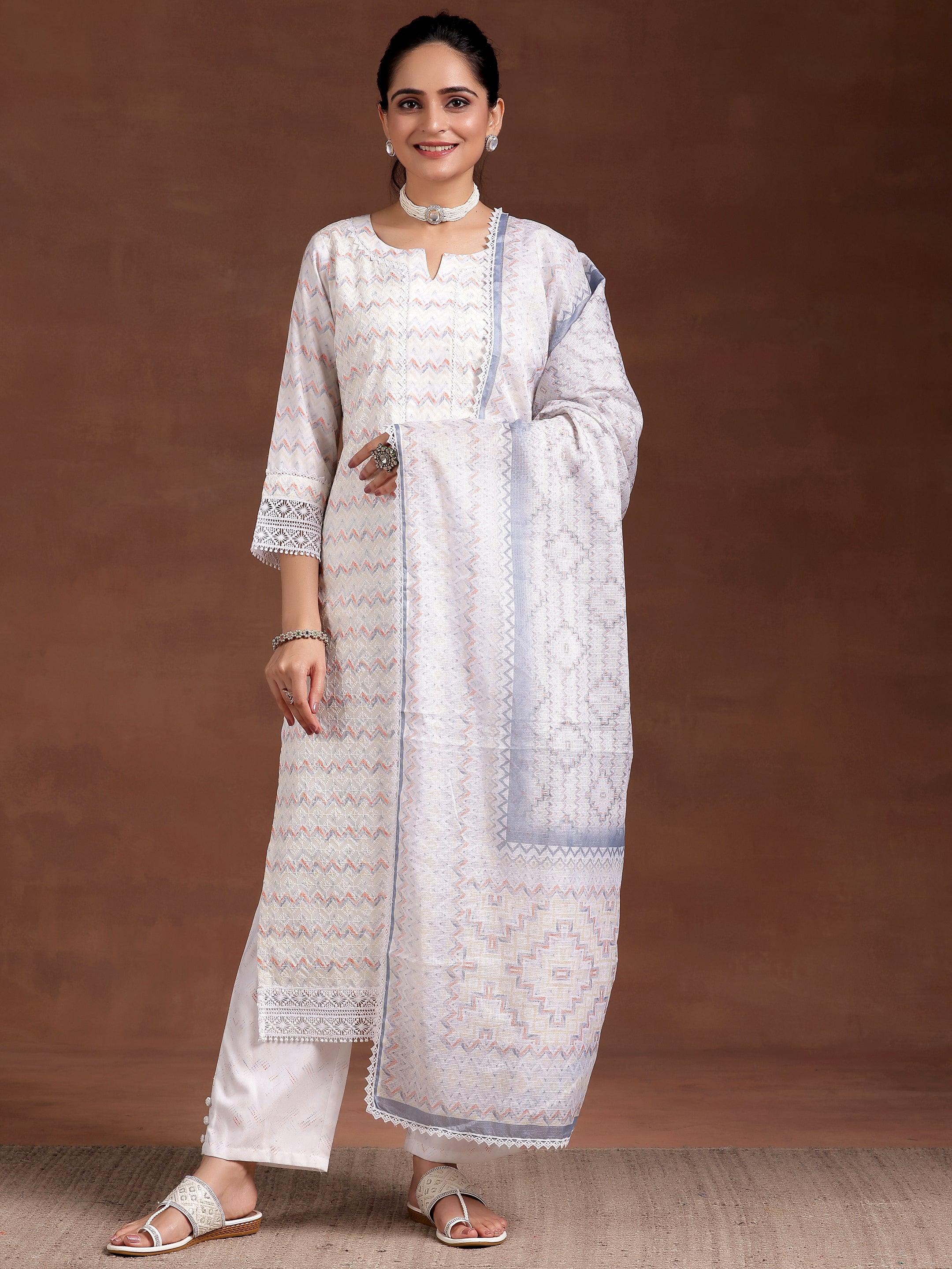 Off White Embroidered Cotton Blend Straight Suit With Dupatta