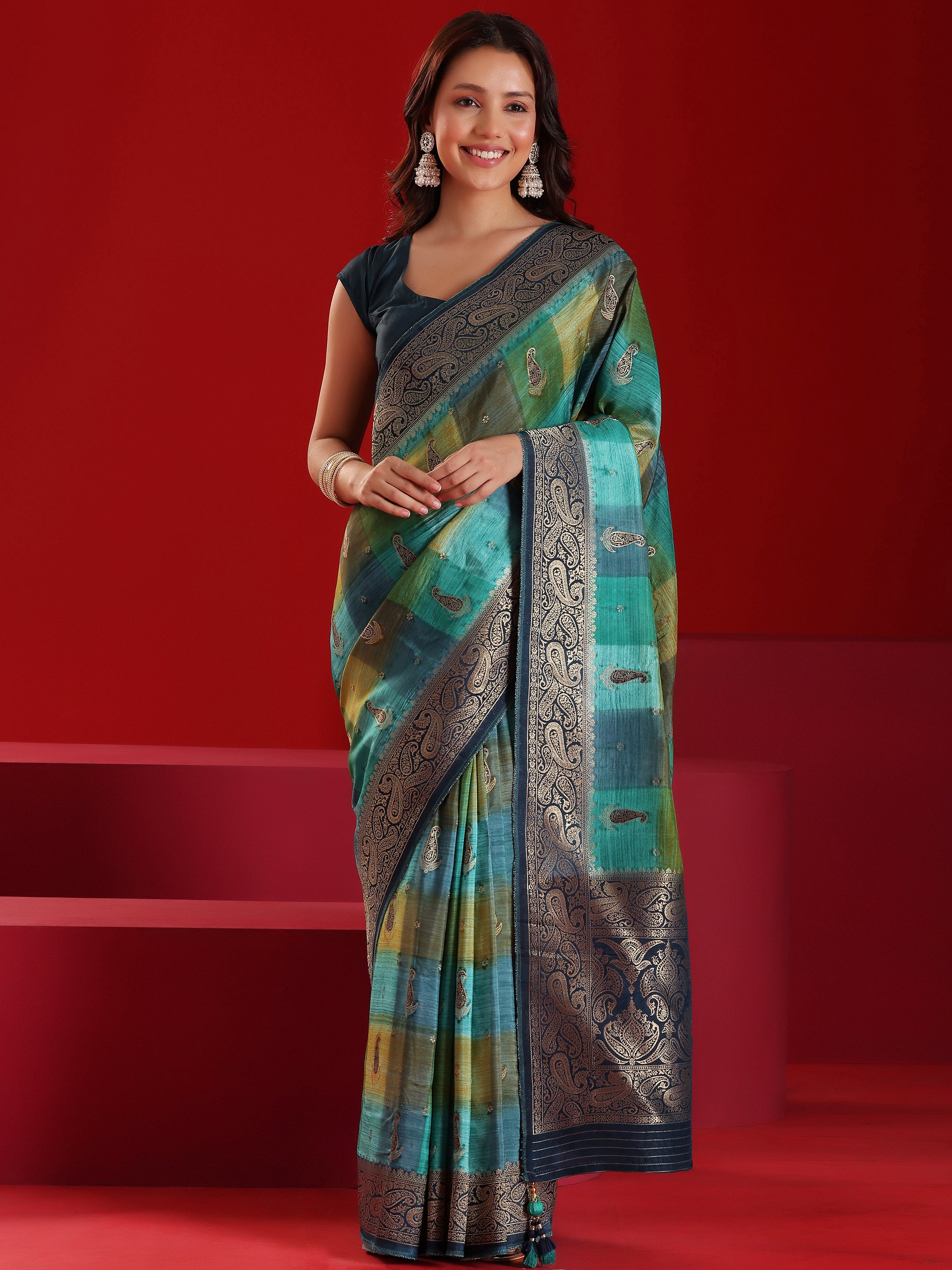 Libas Art Blue Woven Design Satin Saree With Unstitched  Blouse Piece