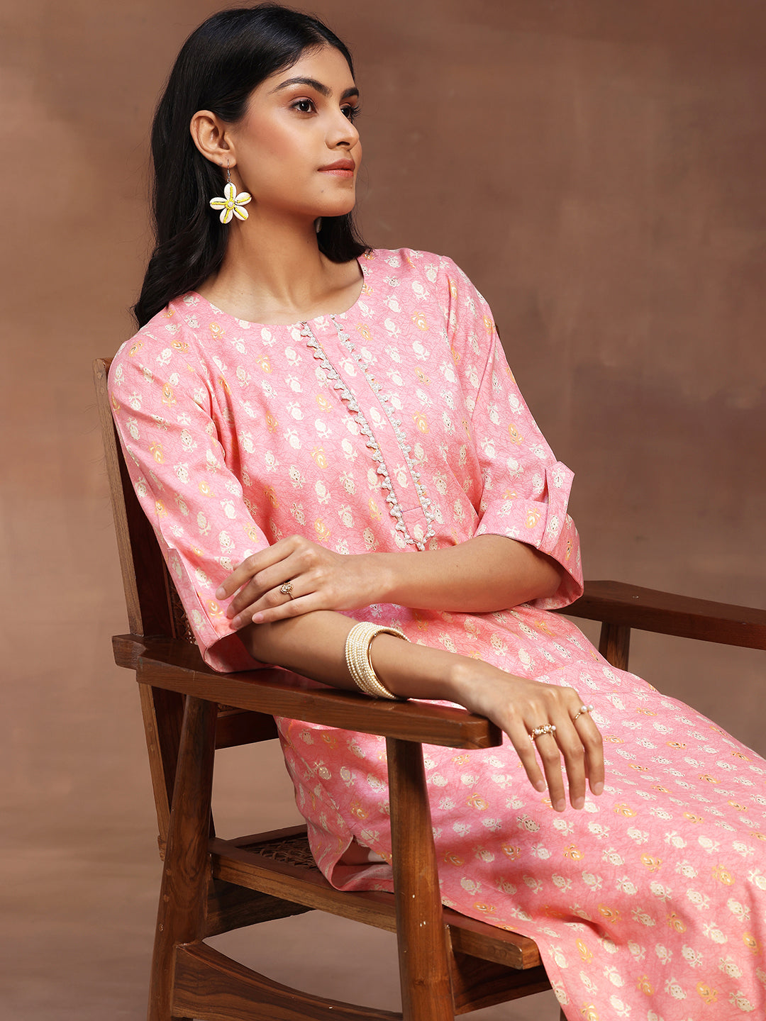 Peach Printed Cotton Blend Straight Kurta With Palazzos