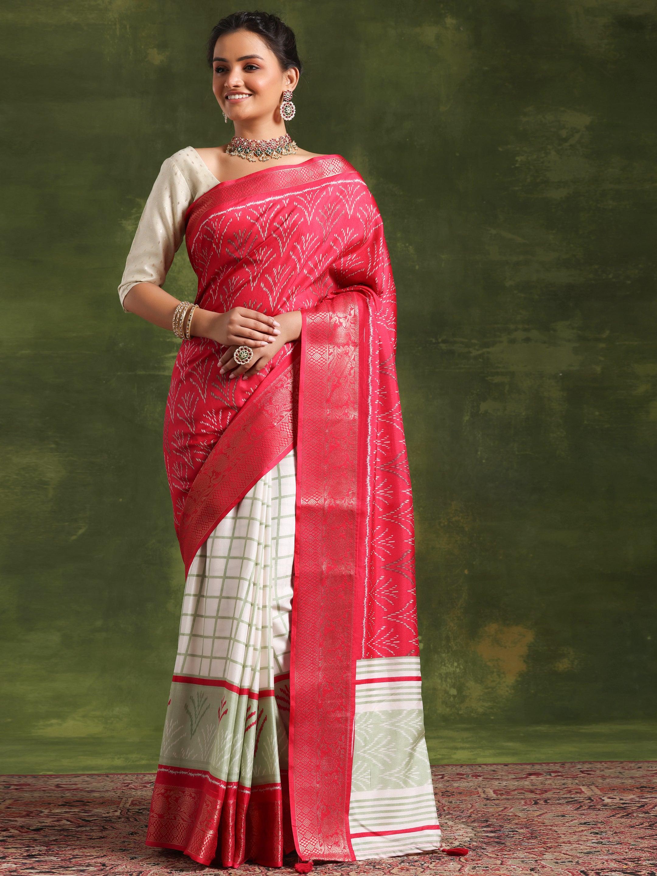 Pink Printed Silk Blend Saree With Unstitched Blouse Piece