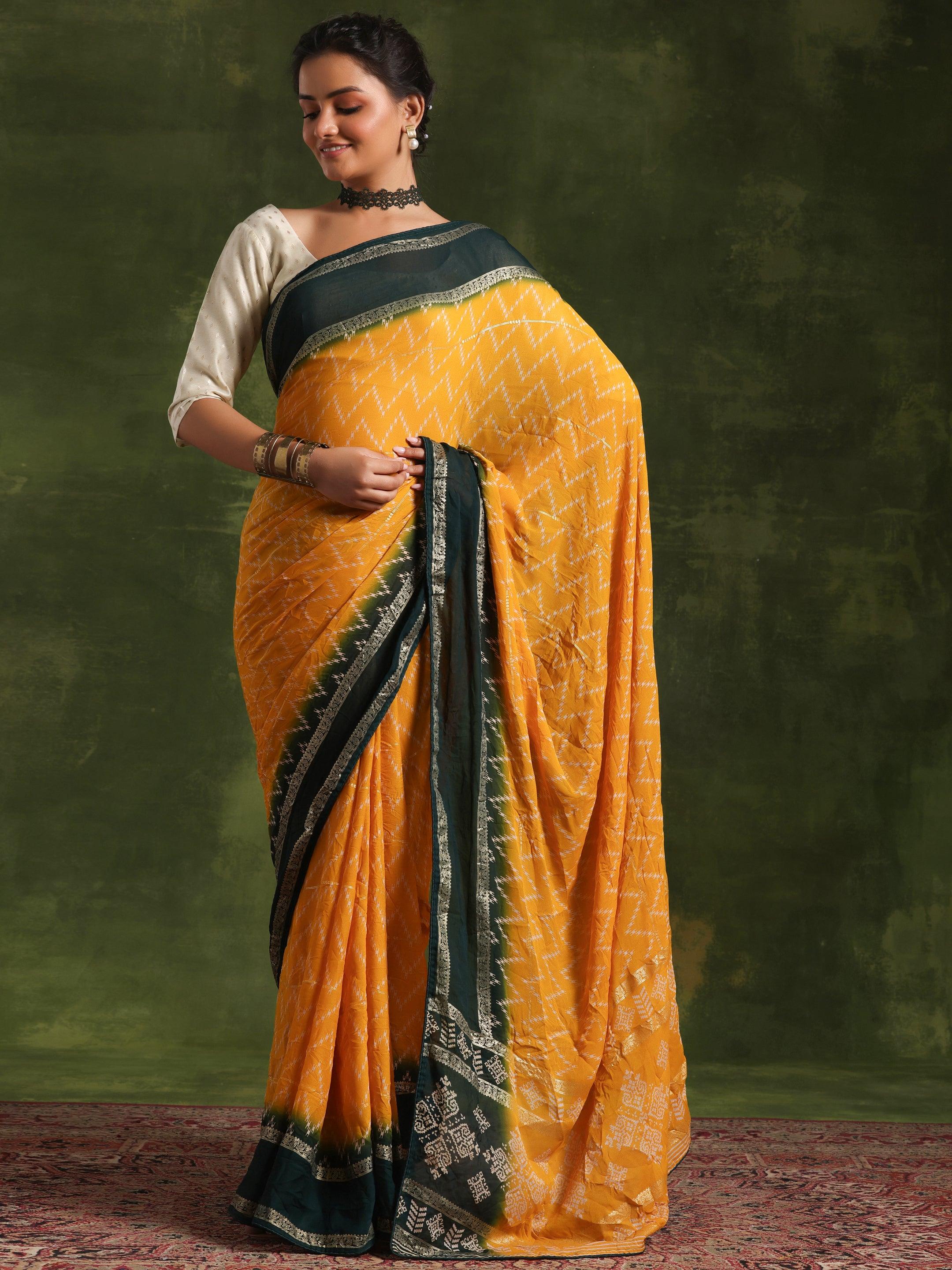 Mustard Printed Poly Georgette Saree With Unstitched Blouse Piece