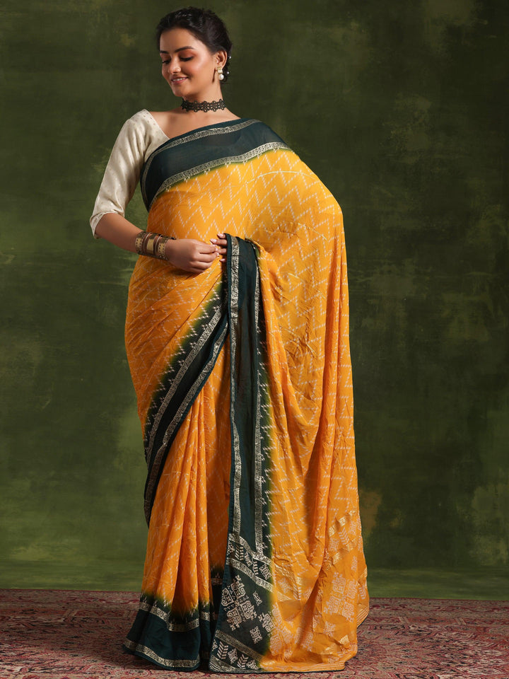 Mustard Printed Poly Georgette Saree With Unstitched Blouse Piece - Libas