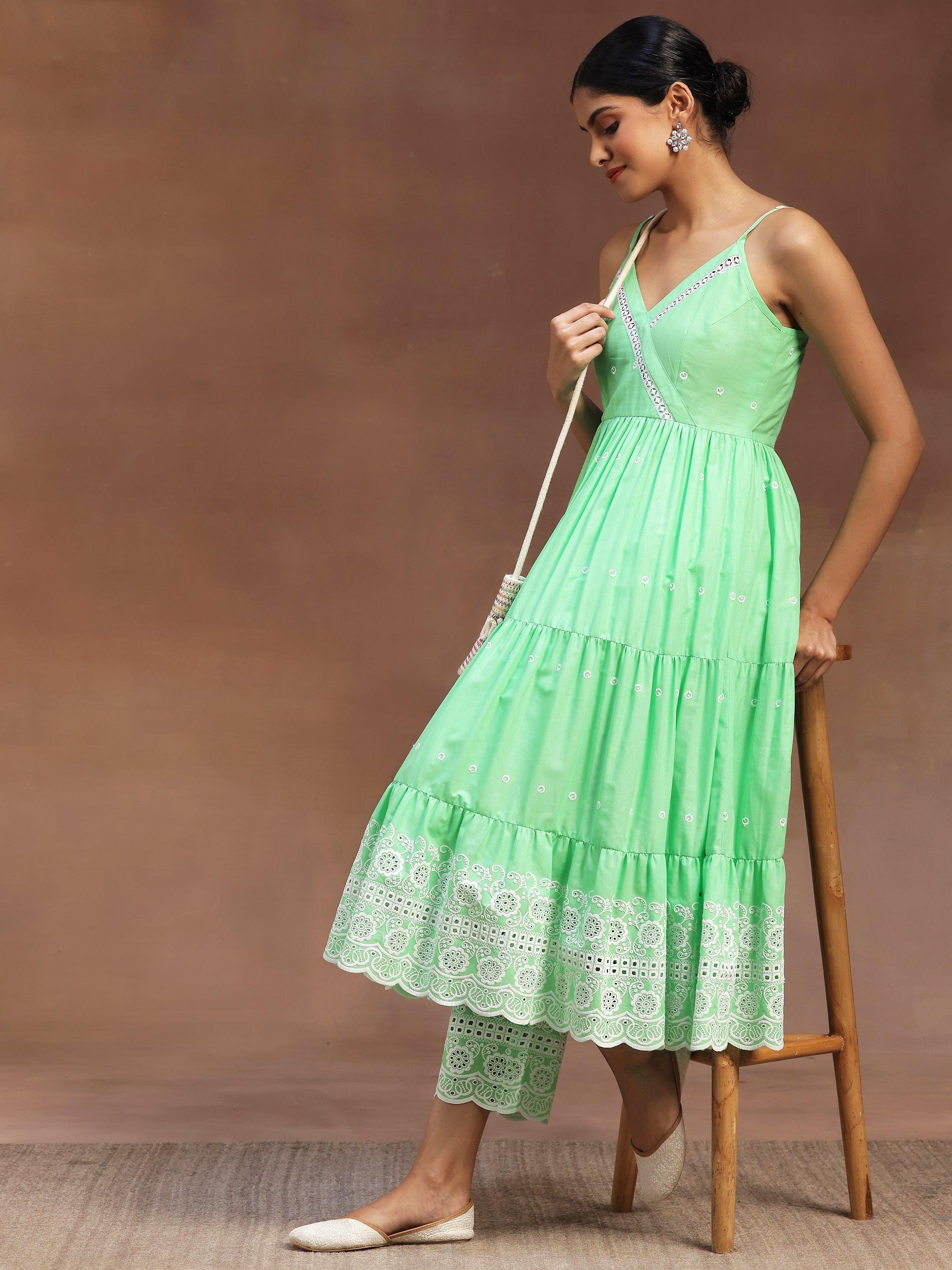 The Kiara Cut Green Self Design Cotton Anarkali Kurta With Trousers