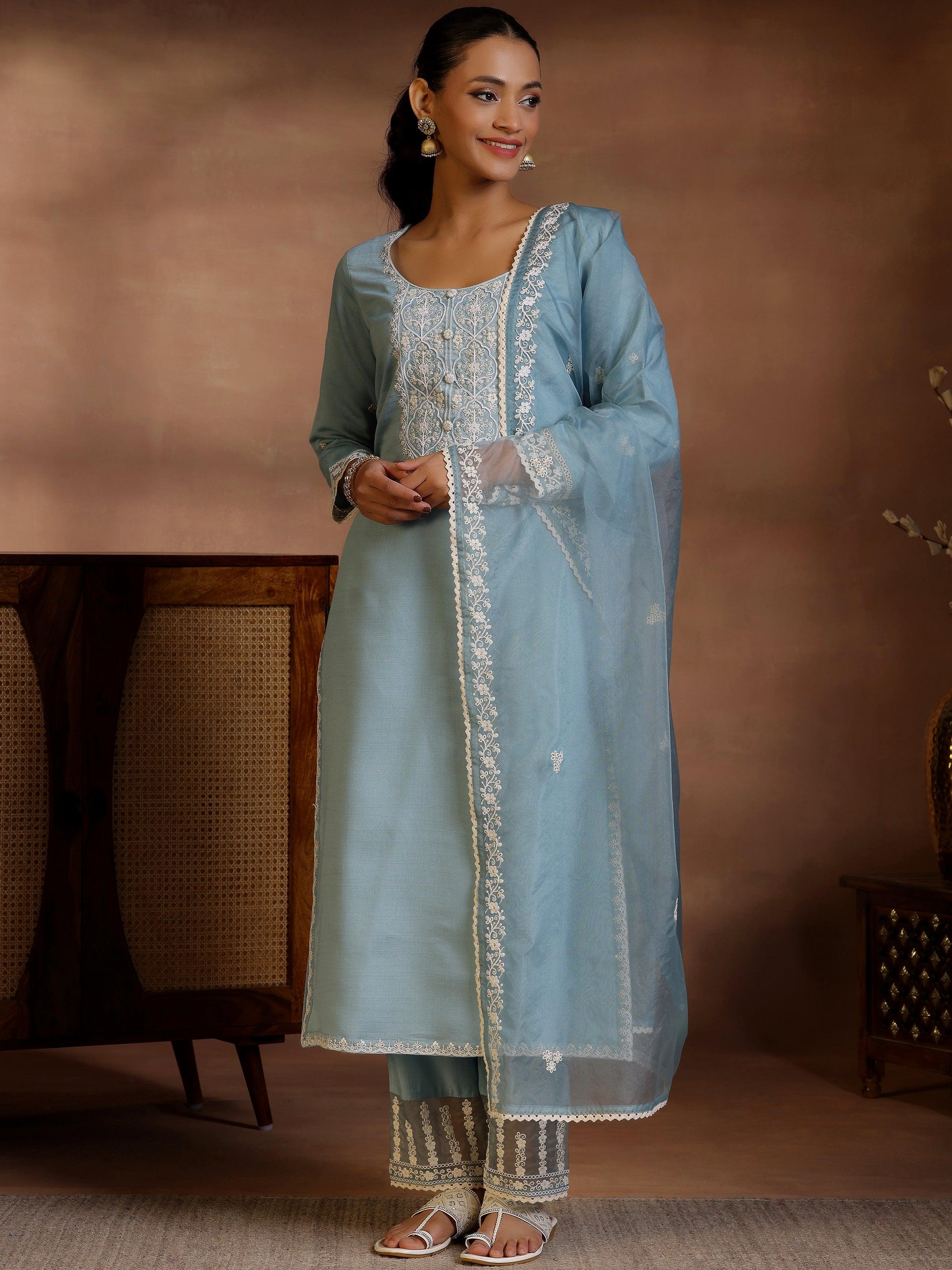 Blue Yoke Design Silk Blend Straight Suit With Dupatta