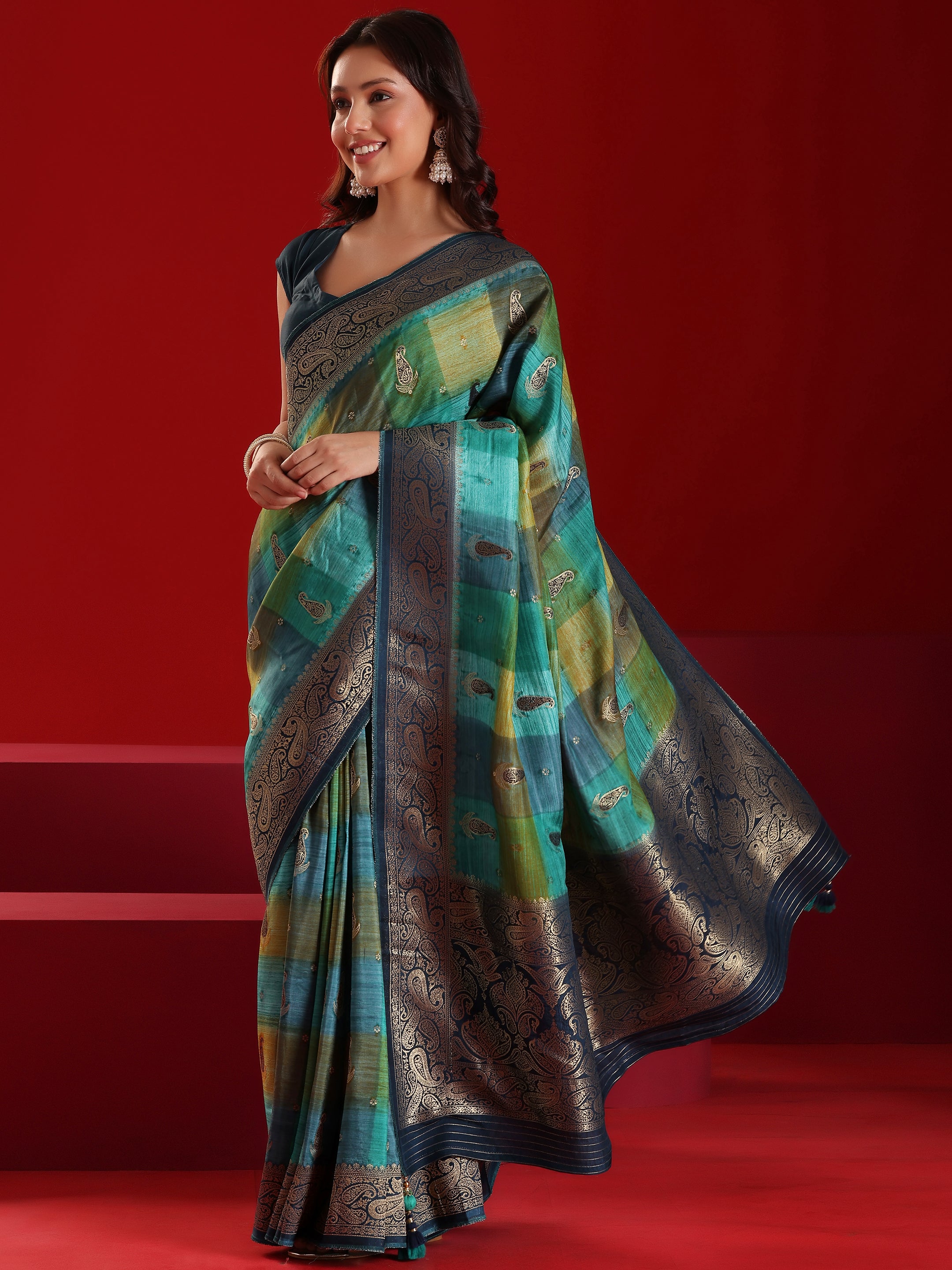 Libas Art Blue Woven Design Satin Saree With Unstitched  Blouse Piece