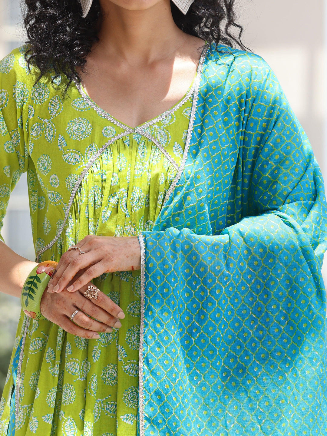 Green Printed Cotton A-Line Kurta With Palazzos & Dupatta - Libas