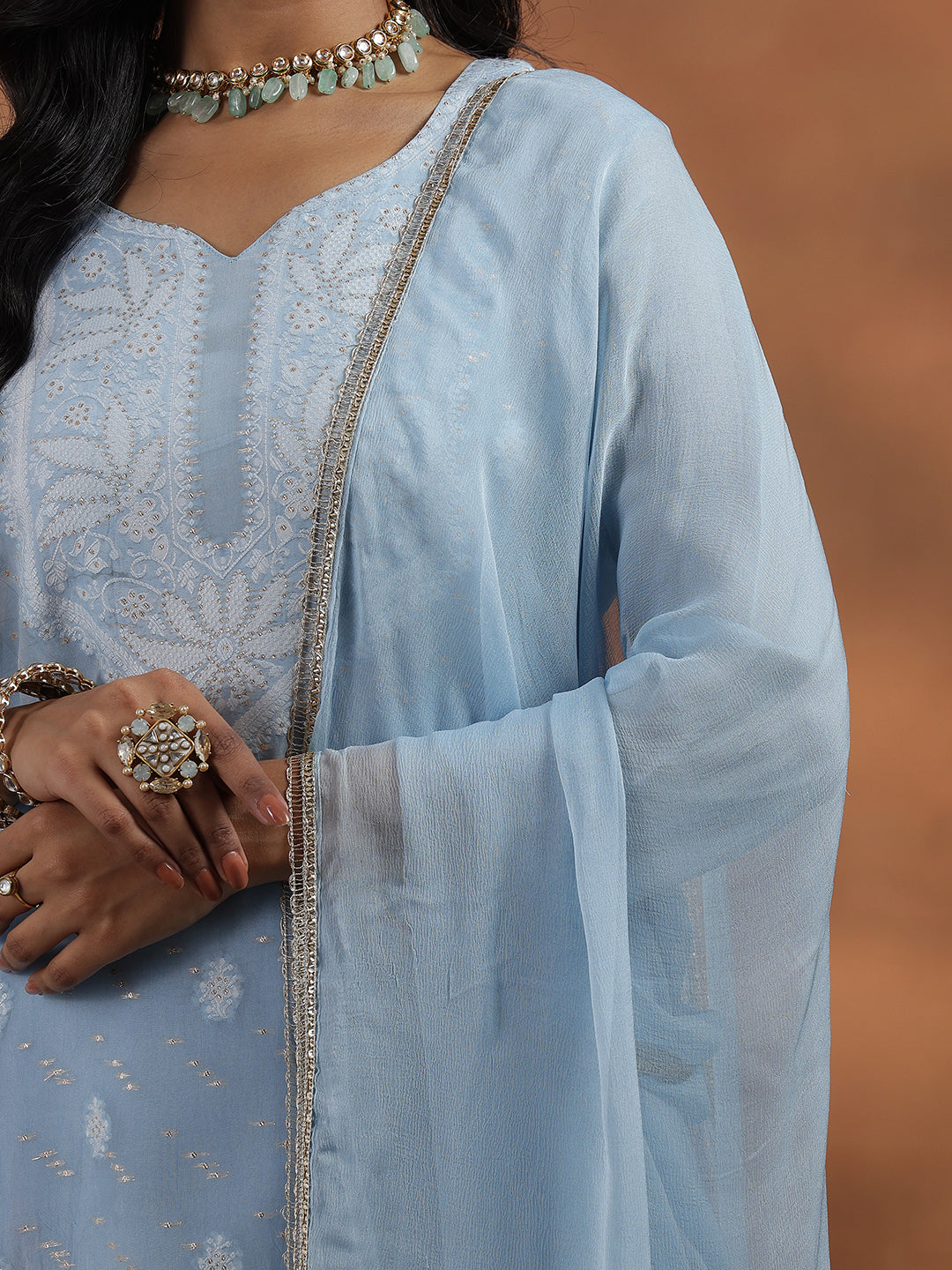 Blue Embroidered Organza Straight Suit With Dupatta