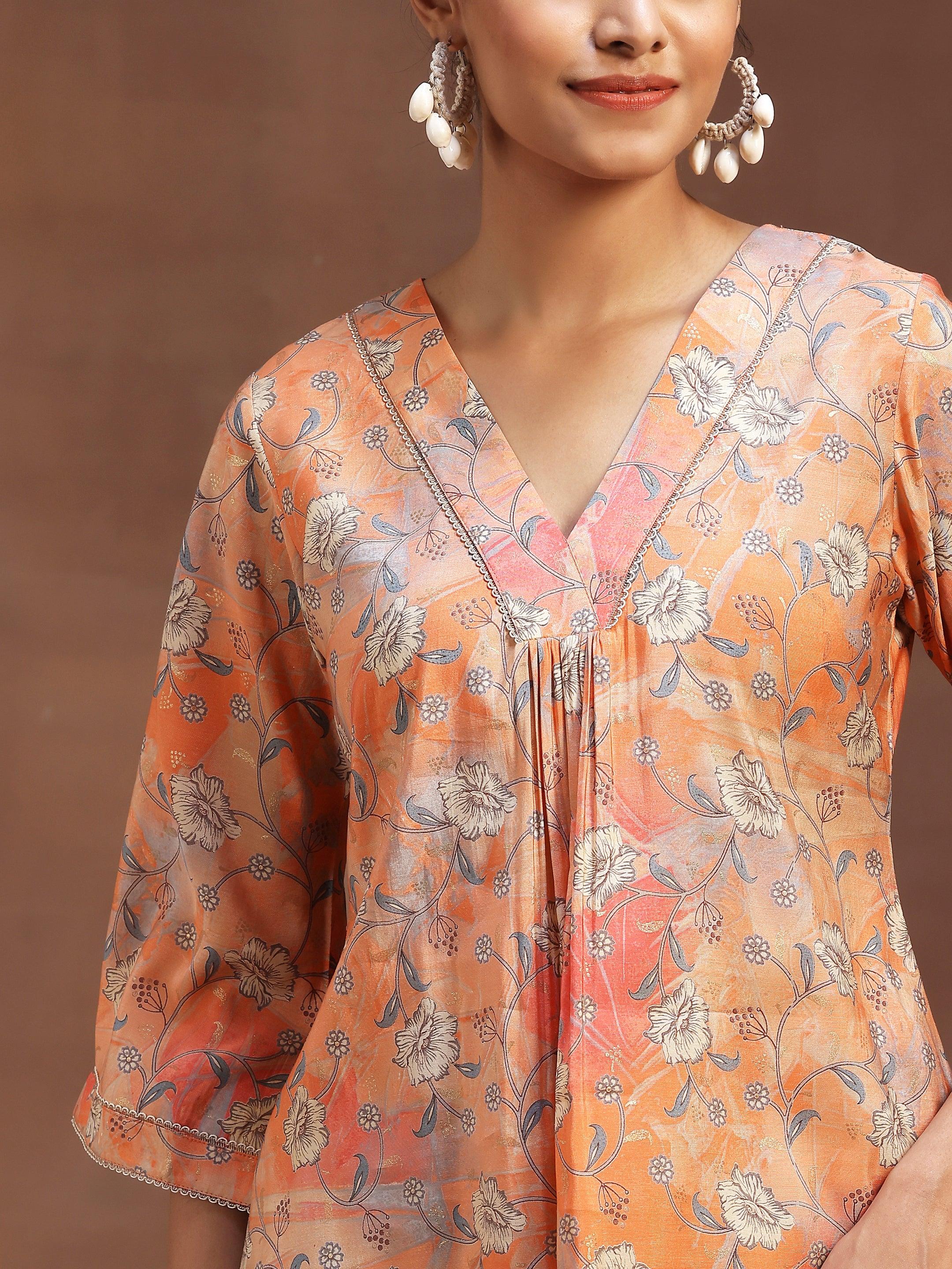 Peach Printed Silk Blend A-Line Kurti