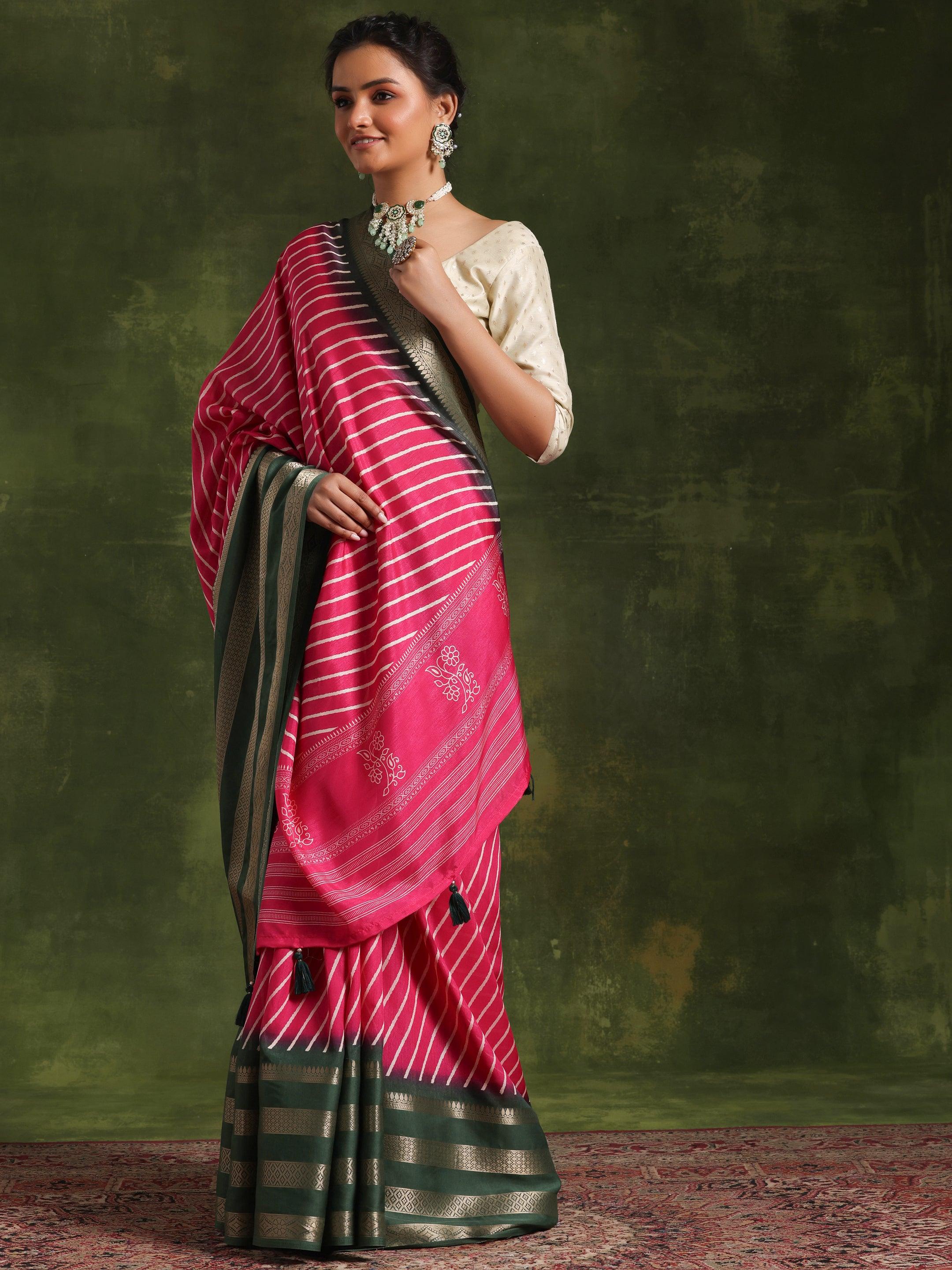 Pink Printed Silk Blend Saree With Unstitched Blouse Piece