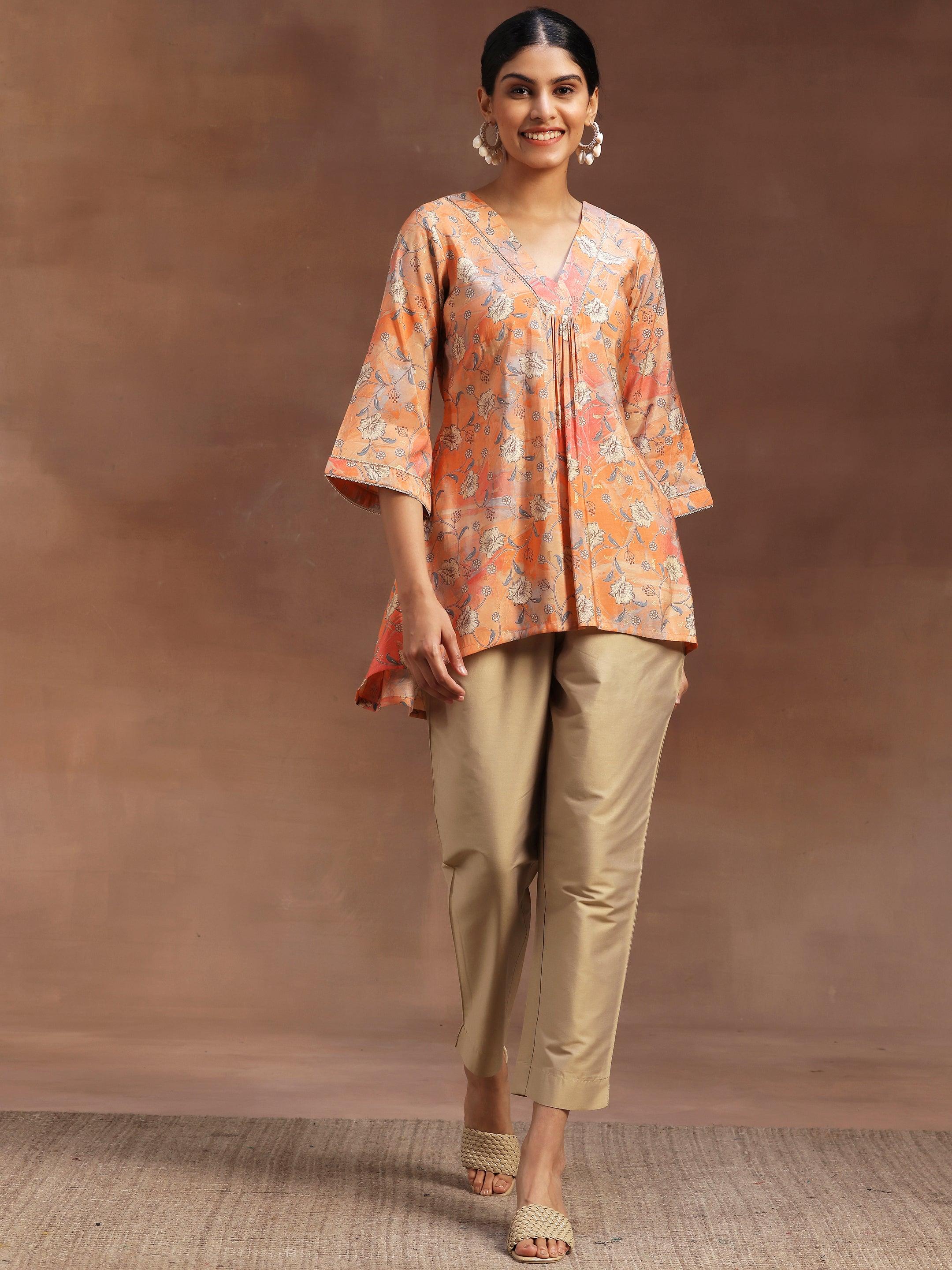 Peach Printed Silk Blend A-Line Kurti