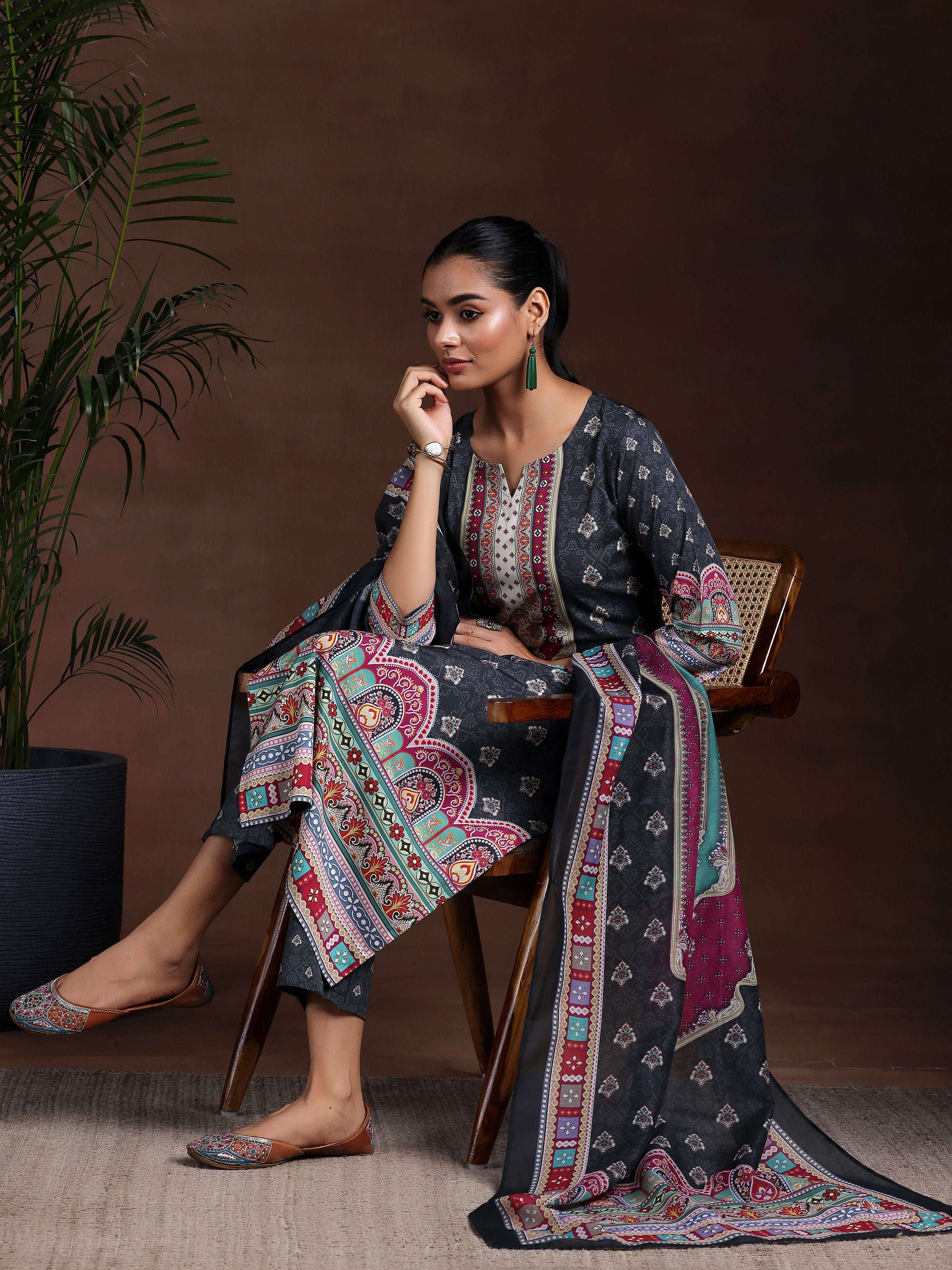 Black Printed Poly Crepe Straight Suit With Dupatta