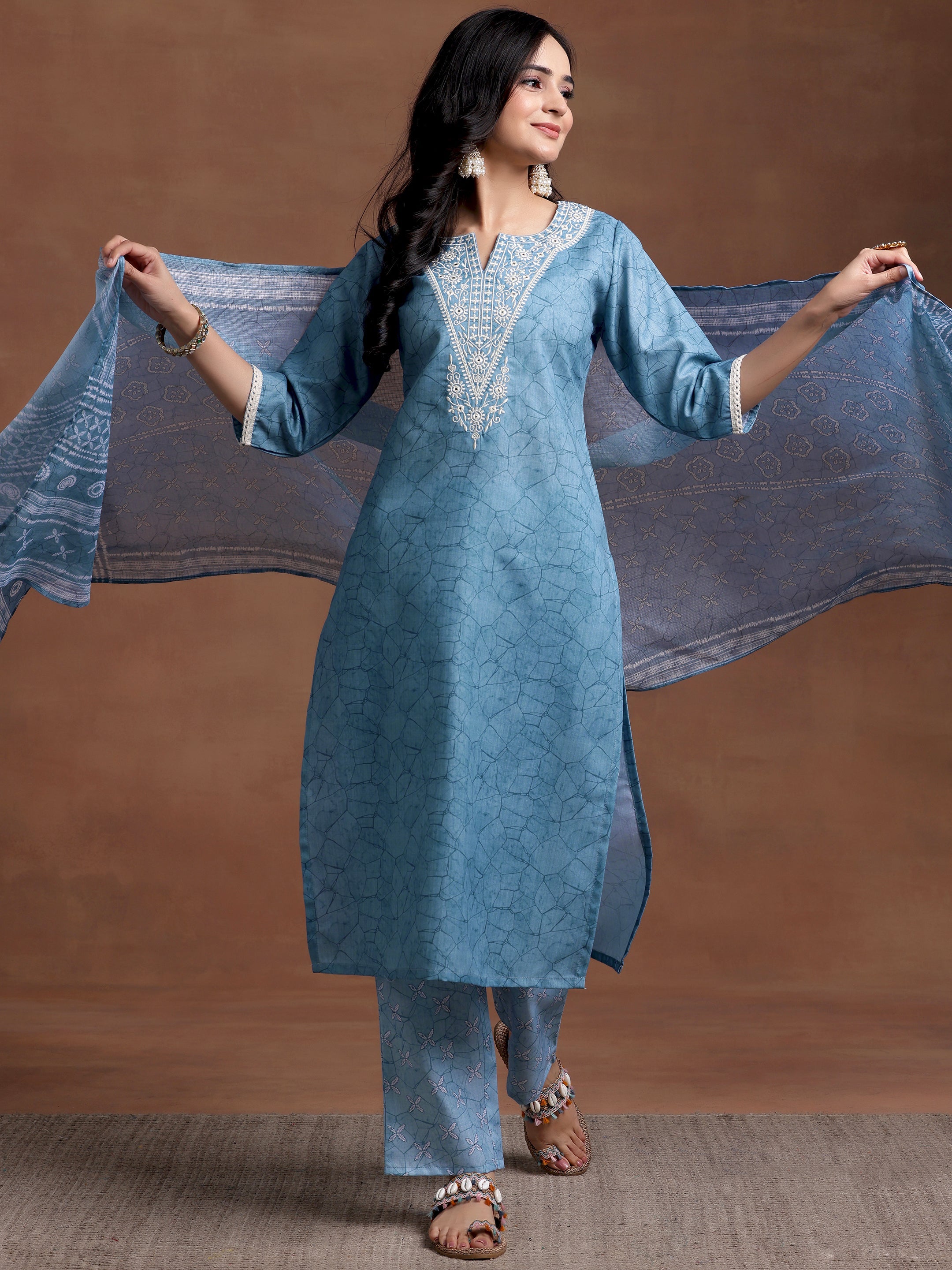 Blue Yoke Design Cotton Straight Suit With Dupatta