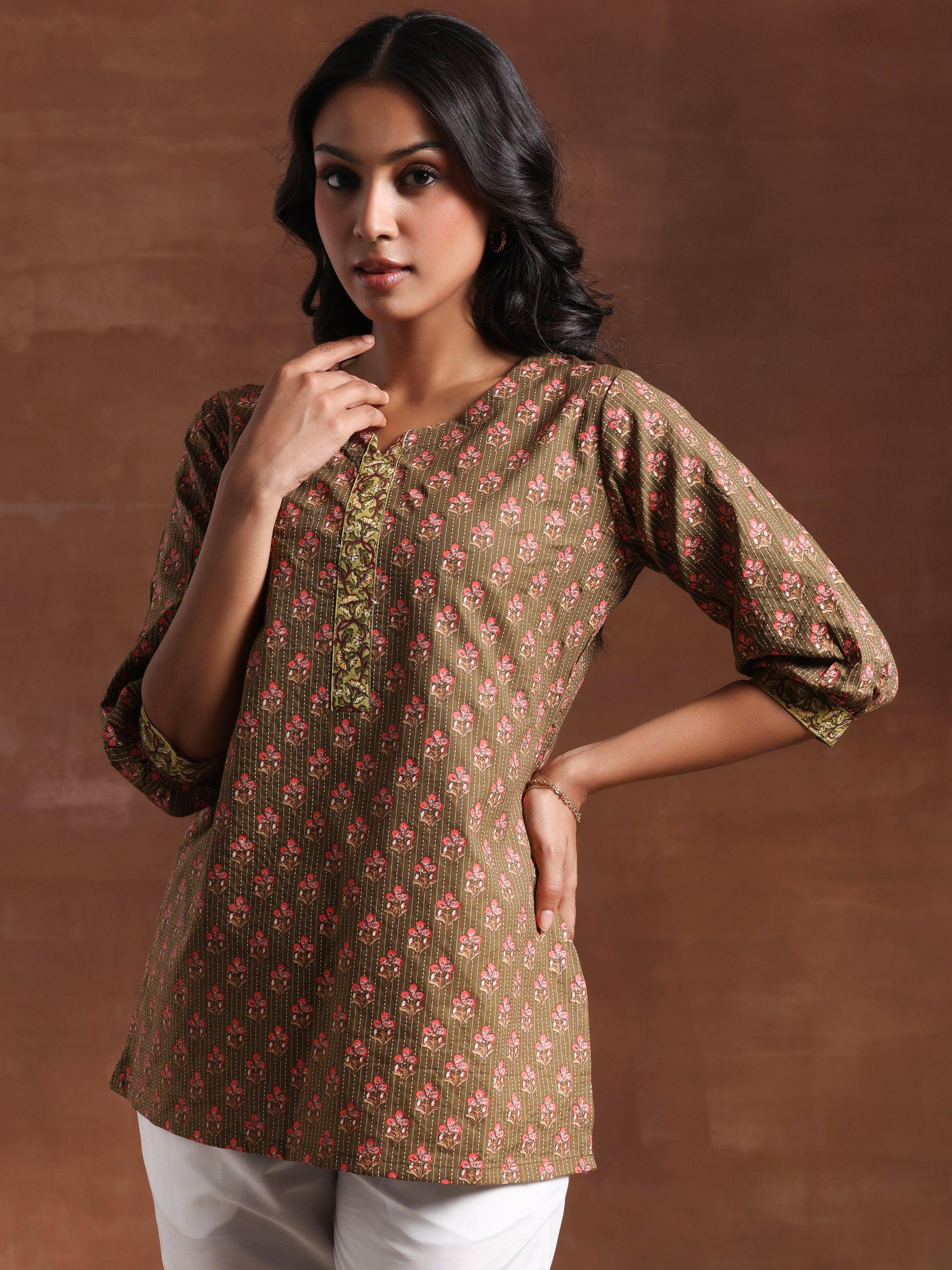 Olive Printed Cotton Straight Kurti