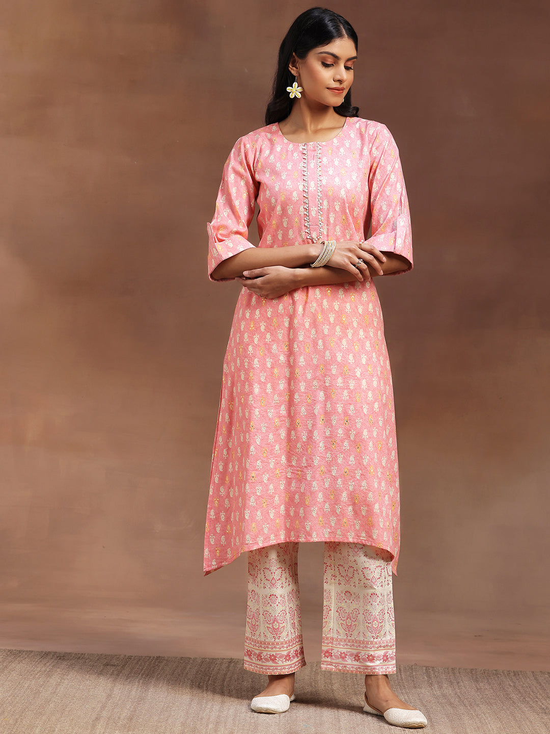 Peach Printed Cotton Blend Straight Kurta With Palazzos