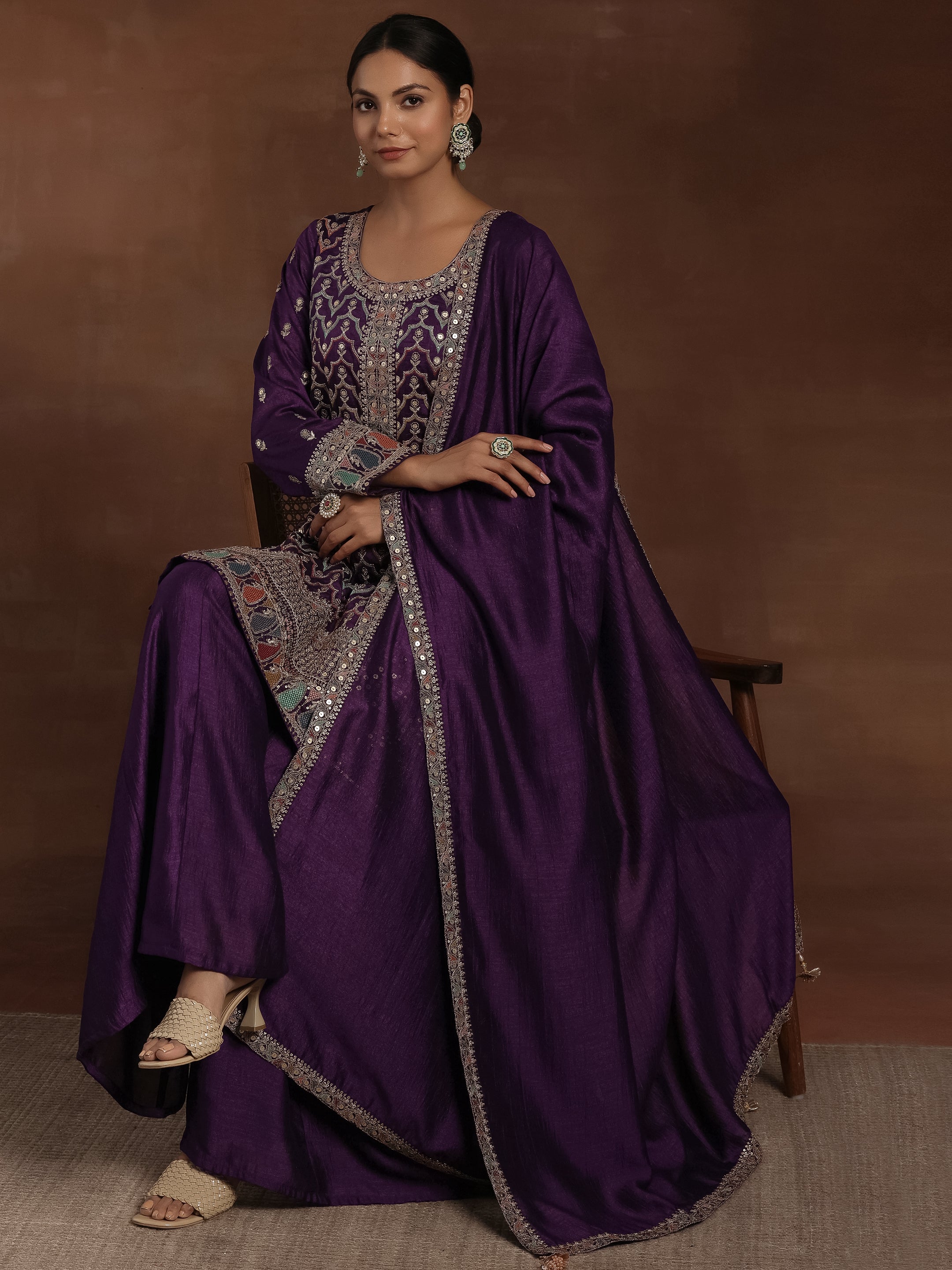 Adaa Purple Embroidered Silk Blend Straight Kurta With Palazzos & Dupatta