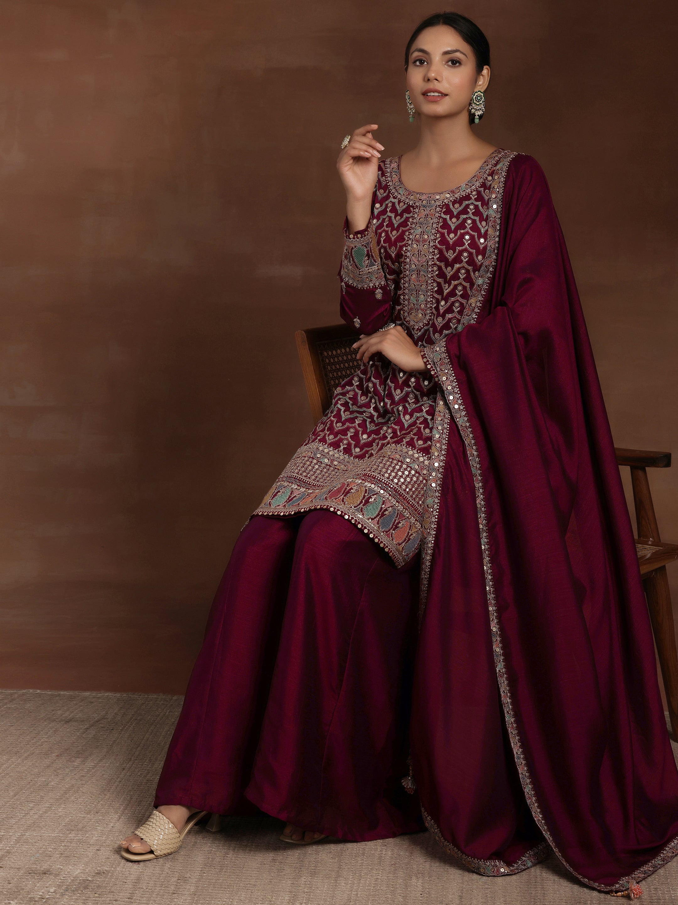 Adaa Wine Embroidered Silk Blend Straight Kurta With Palazzos & Dupatta