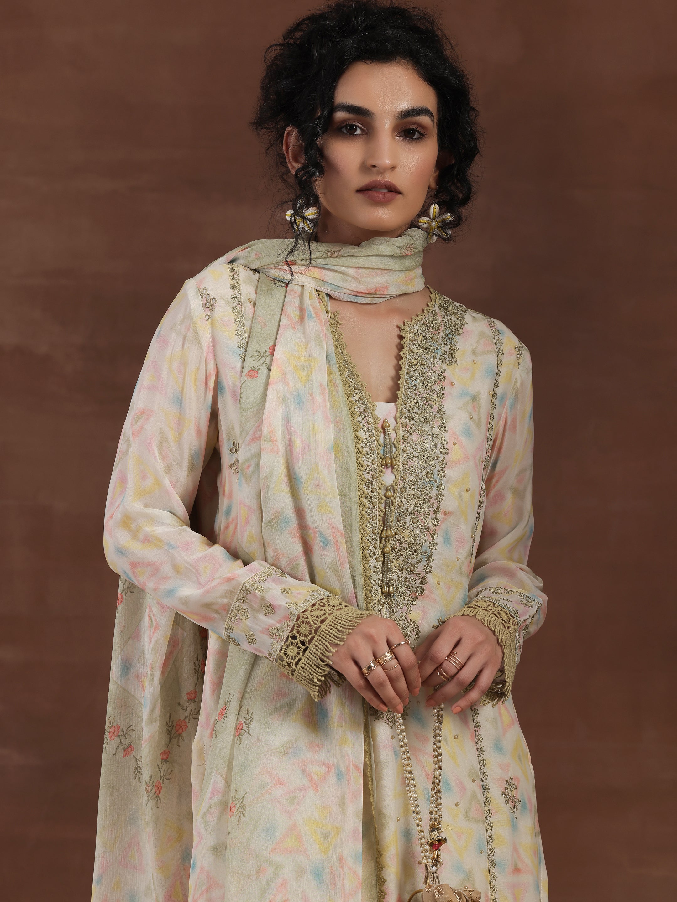 Olive Embroidered Organza Straight Suit With Dupatta