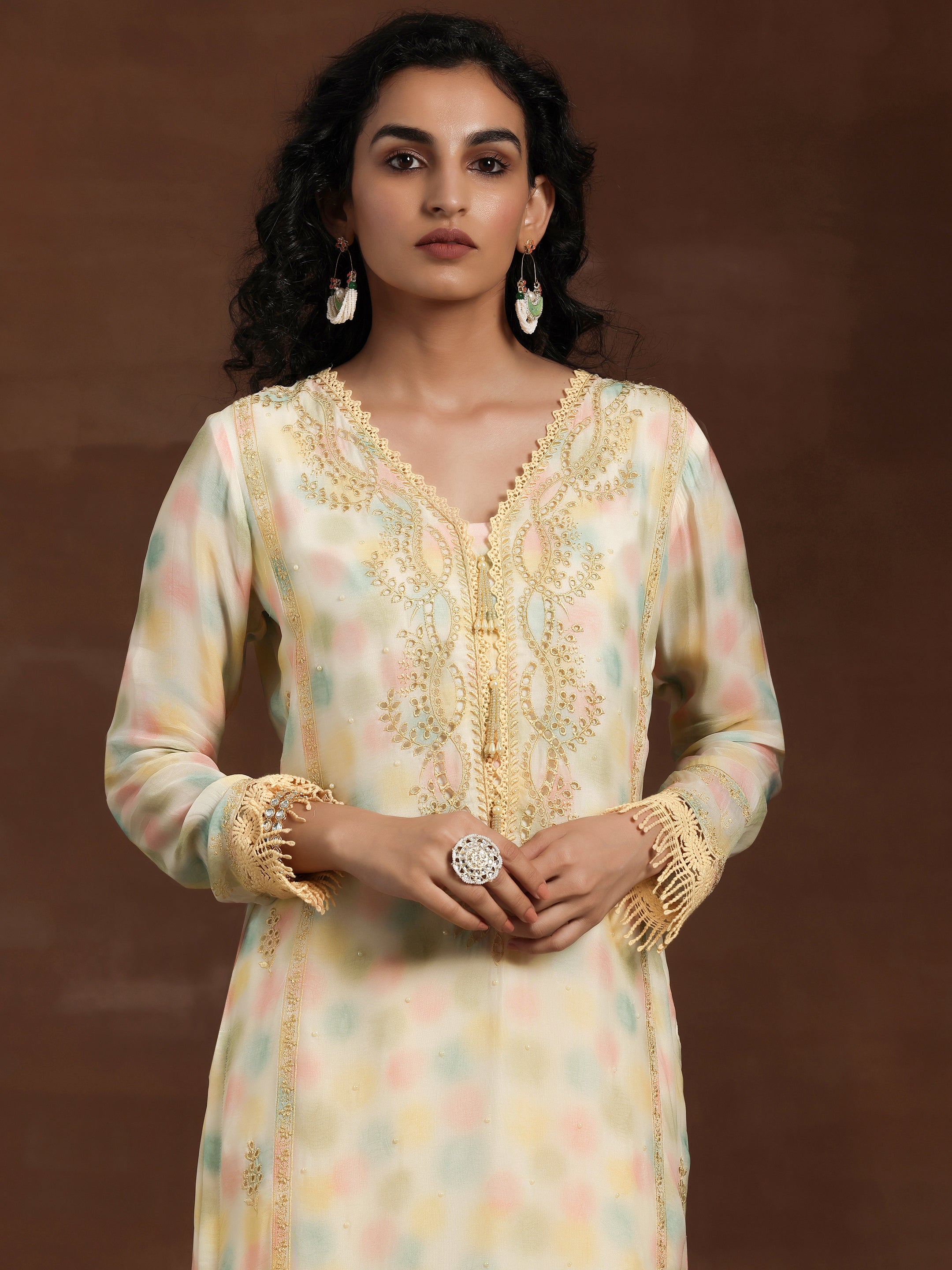 Yellow Embroidered Organza Straight Suit With Dupatta