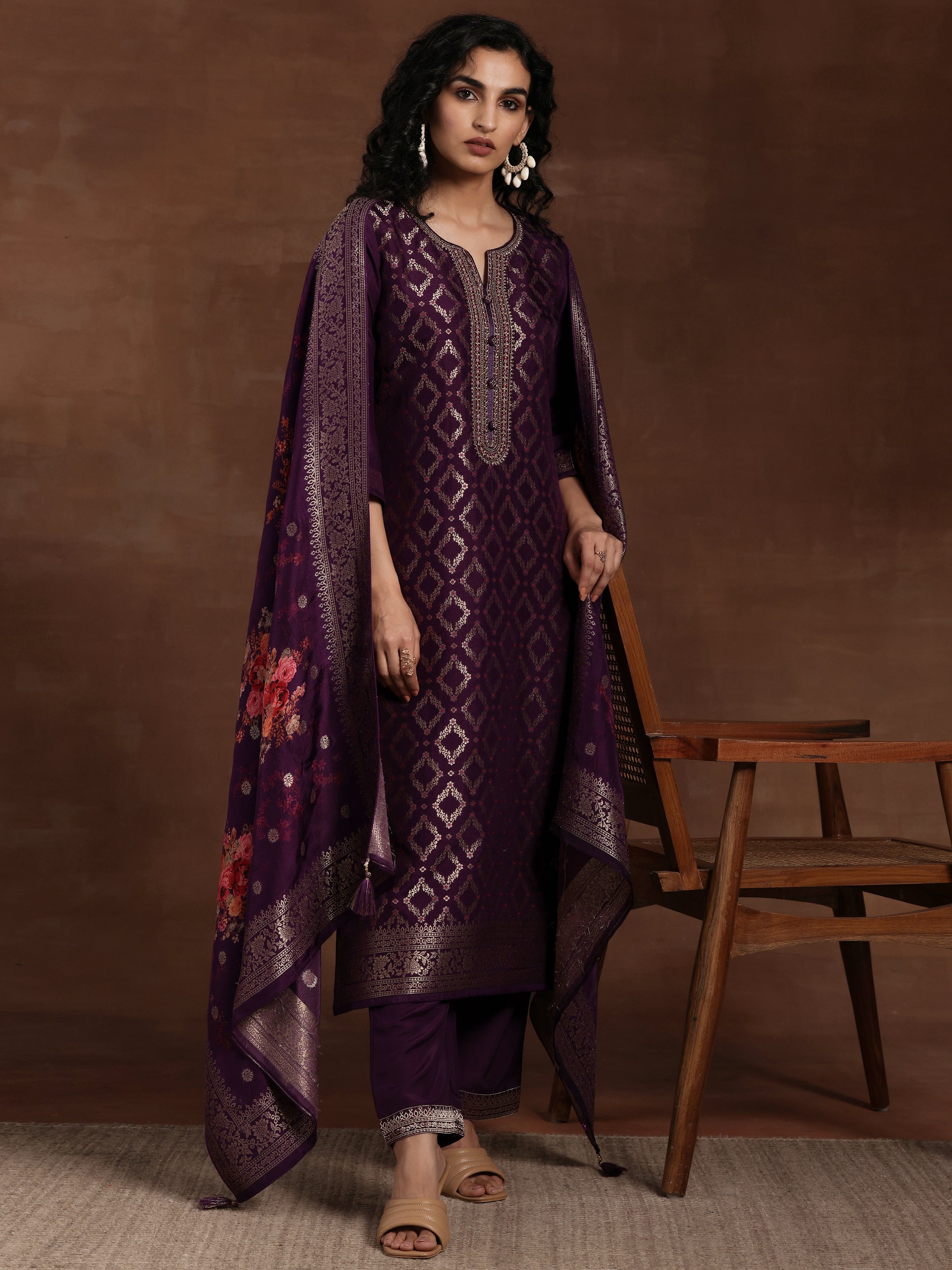 Purple Woven Design Silk Blend Straight Suit With Dupatta