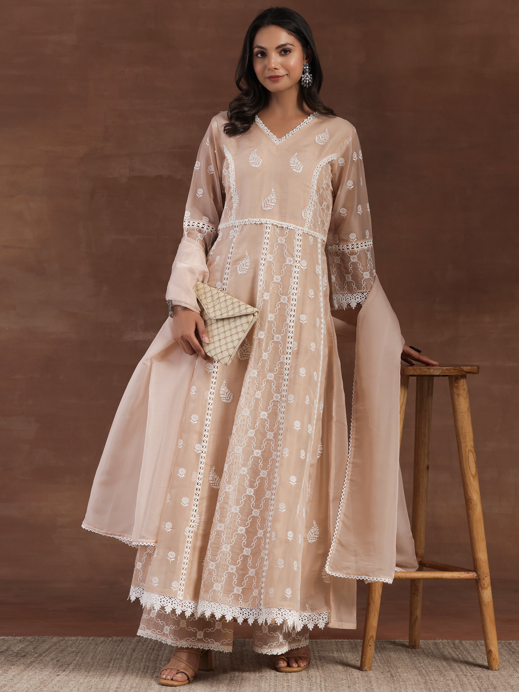 Nude Embroidered Organza A-Line Kurta With Palazzos & Dupatta