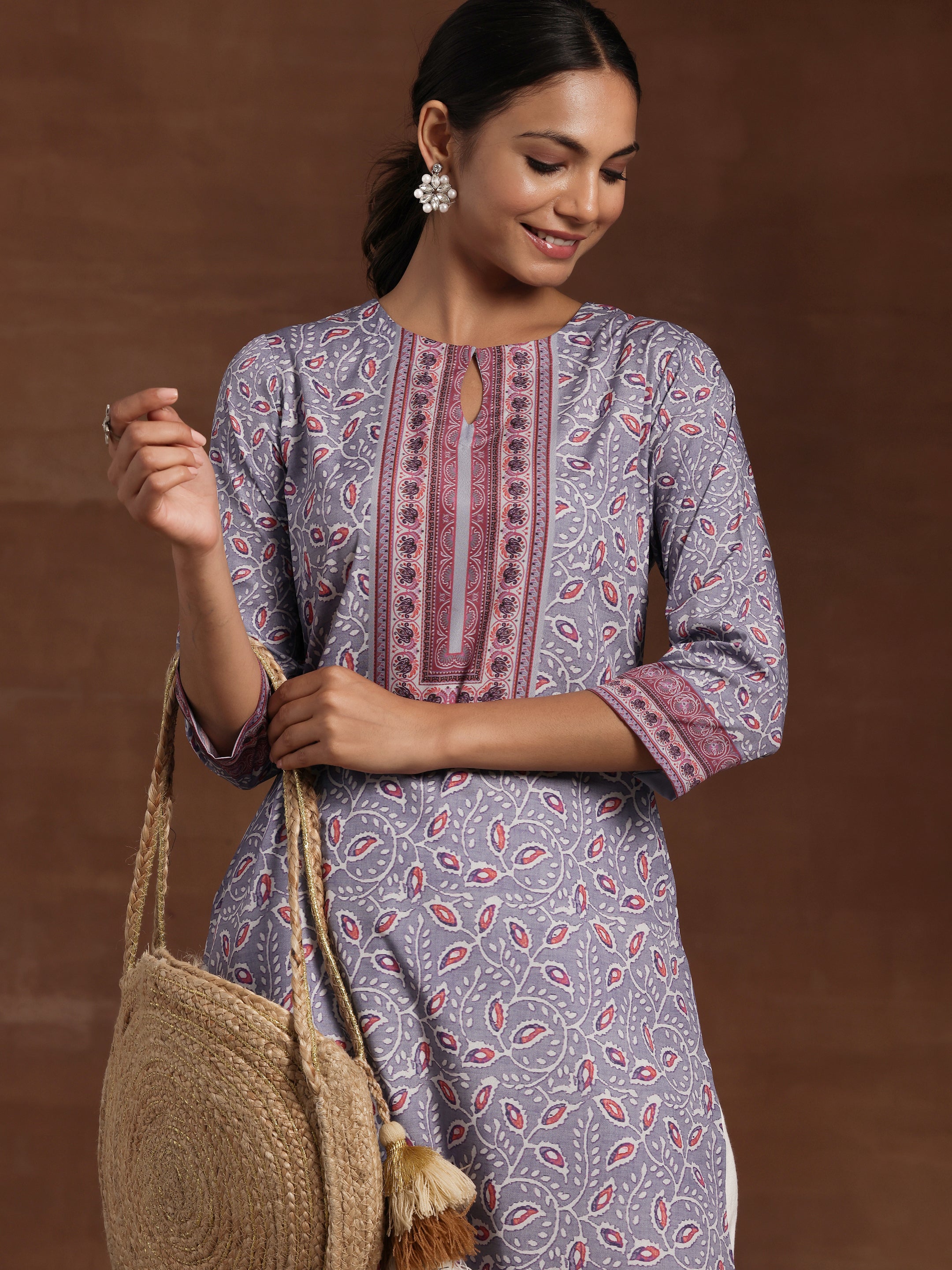 Lavender Printed Crepe Straight Kurta