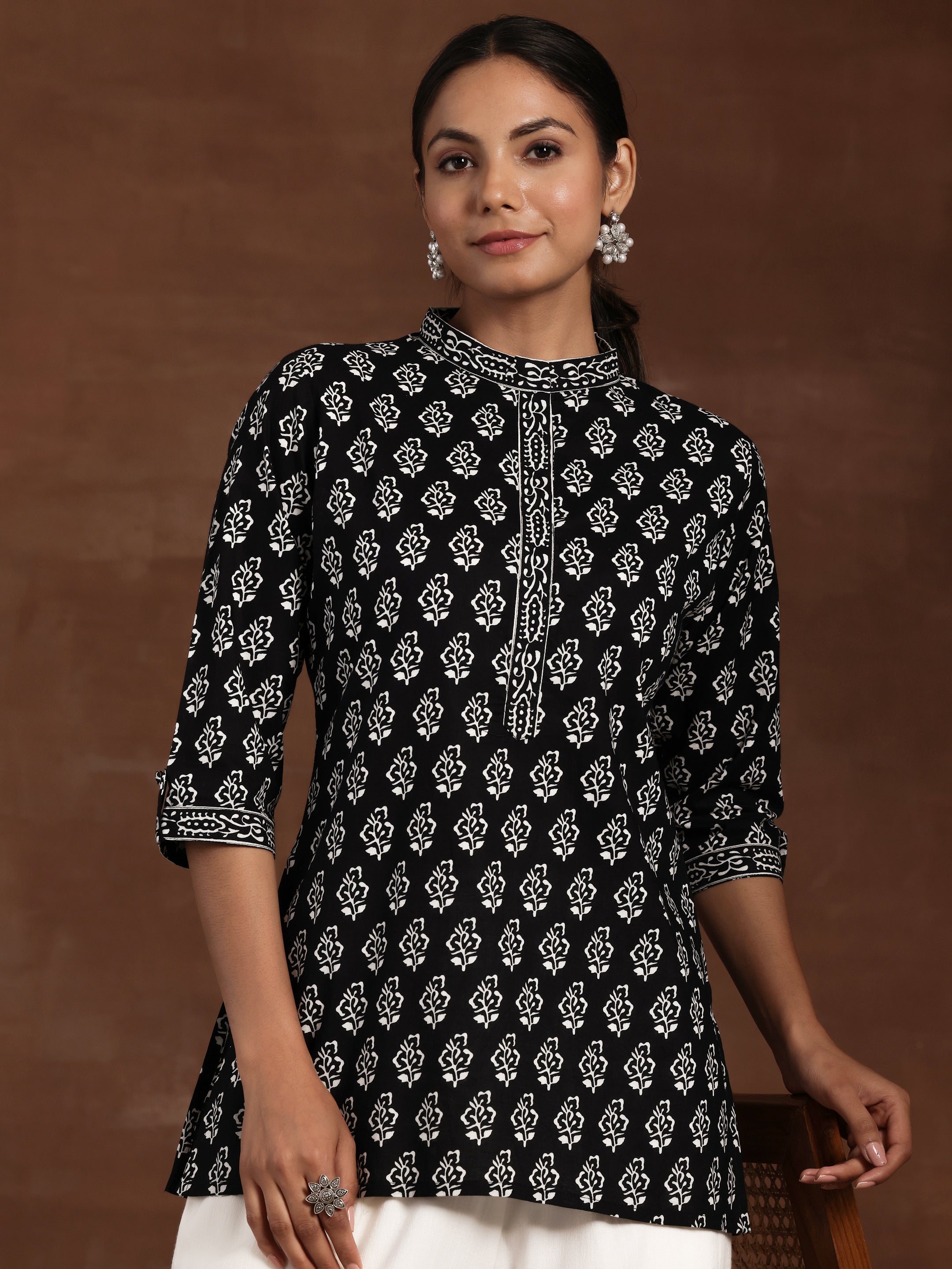 Black Printed Cotton A-Line Kurti