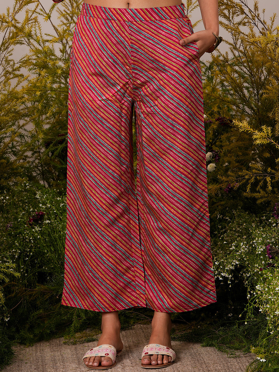 Pink Printed Silk Blend A-Line Kurta With Palazzos & Dupatta