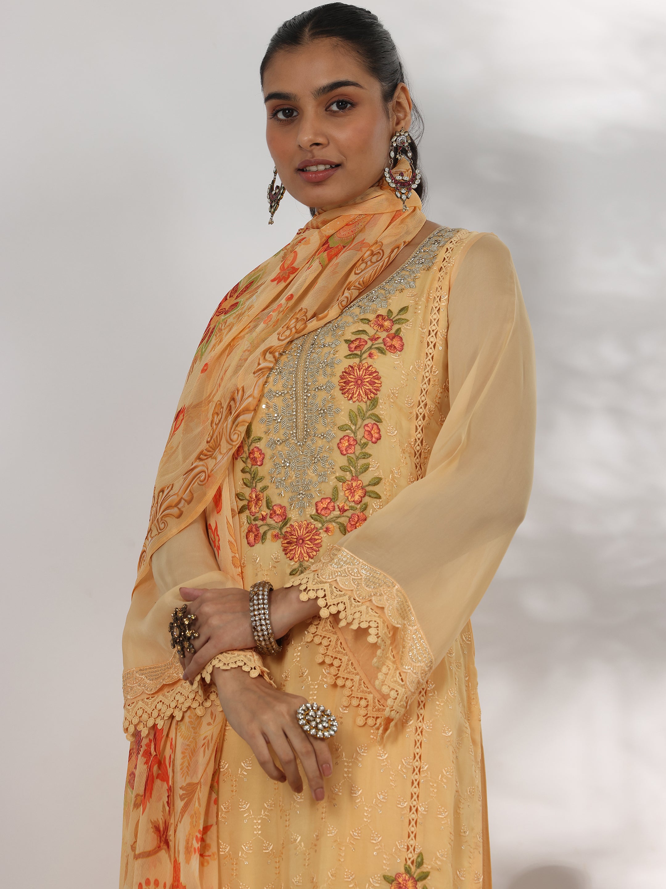 Yellow Embroidered Organza Straight Suit With Dupatta