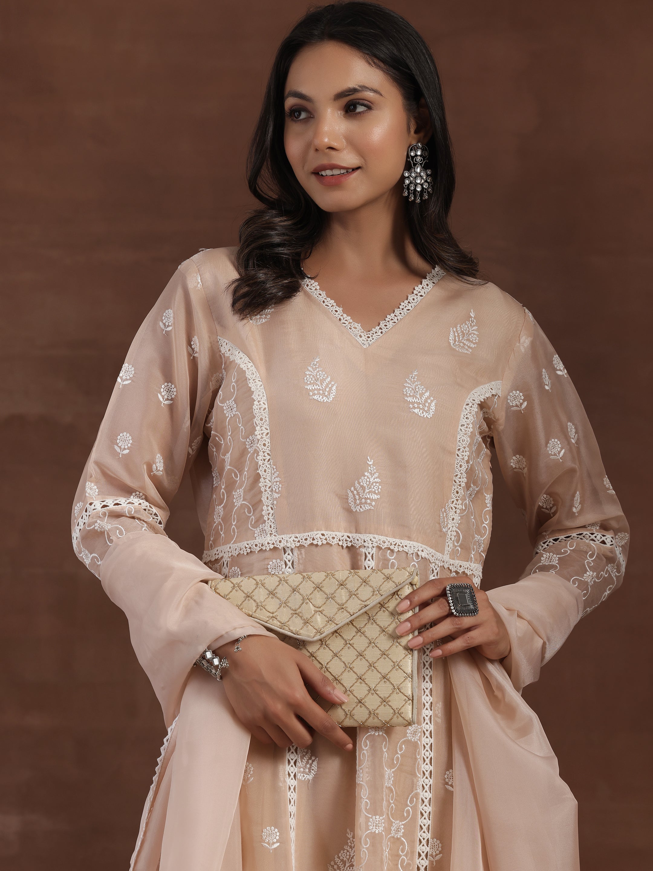 Nude Embroidered Organza A-Line Kurta With Palazzos & Dupatta