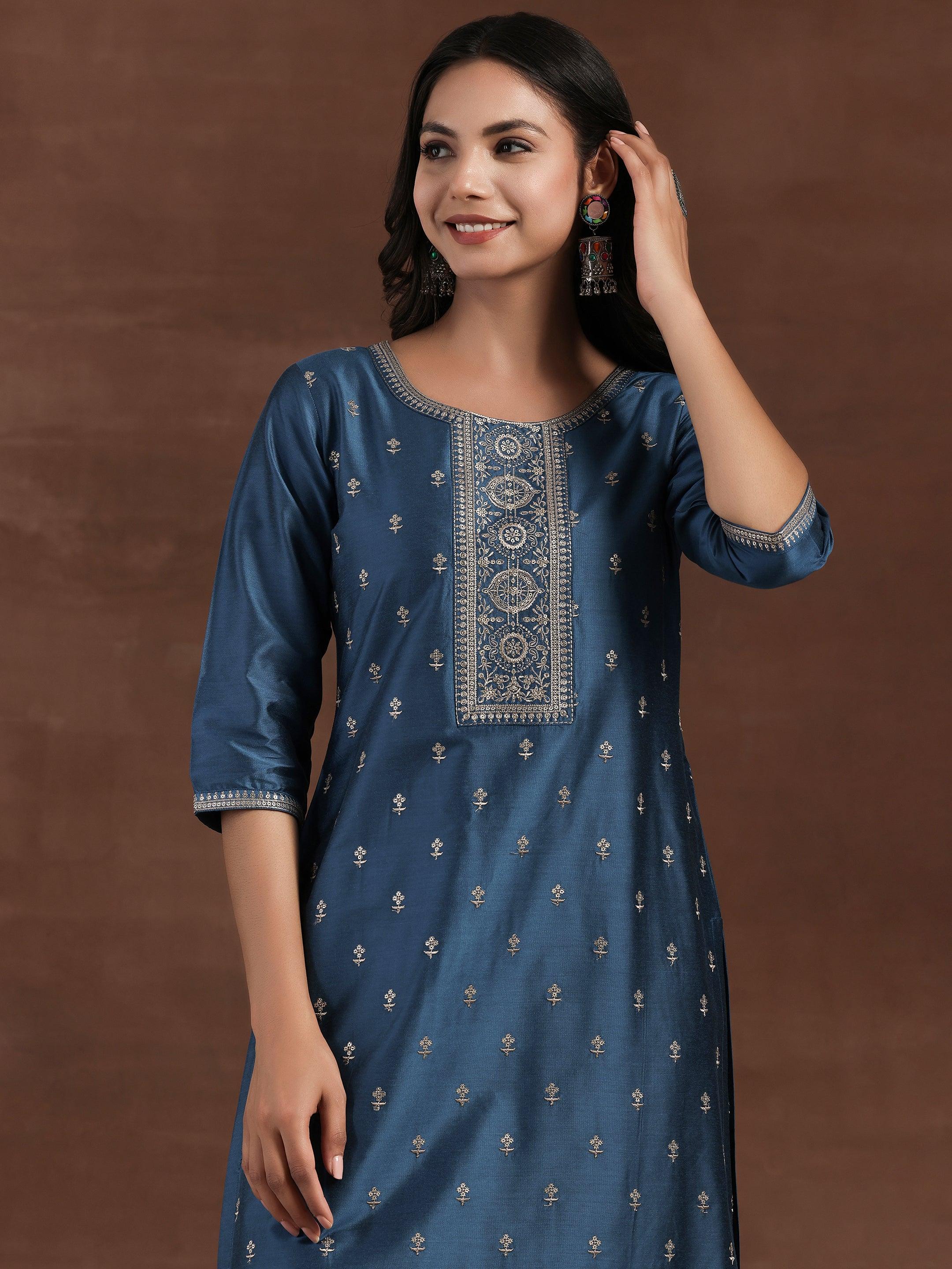 Blue Embroidered Silk Blend Straight Suit With Dupatta