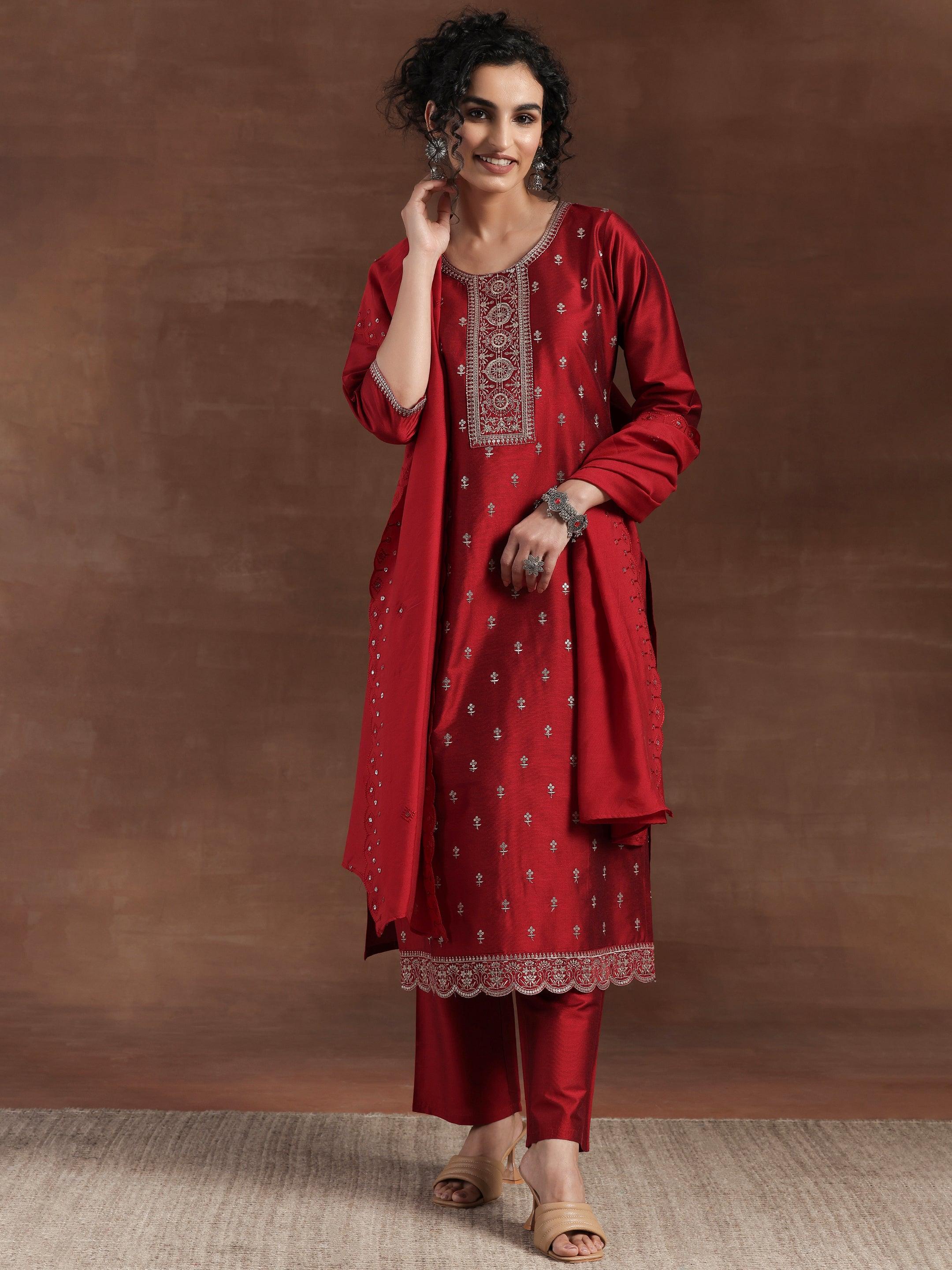 Red Embroidered Silk Blend Straight Suit With Dupatta