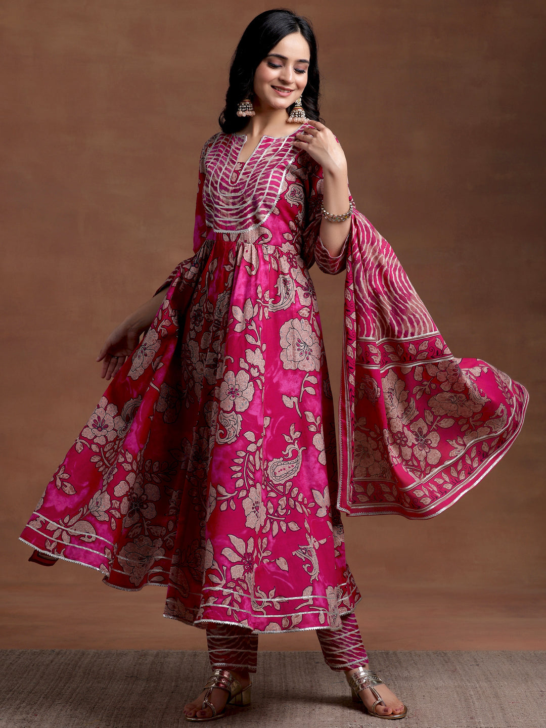 Magenta Printed Cotton Anarkali Suit With Dupatta