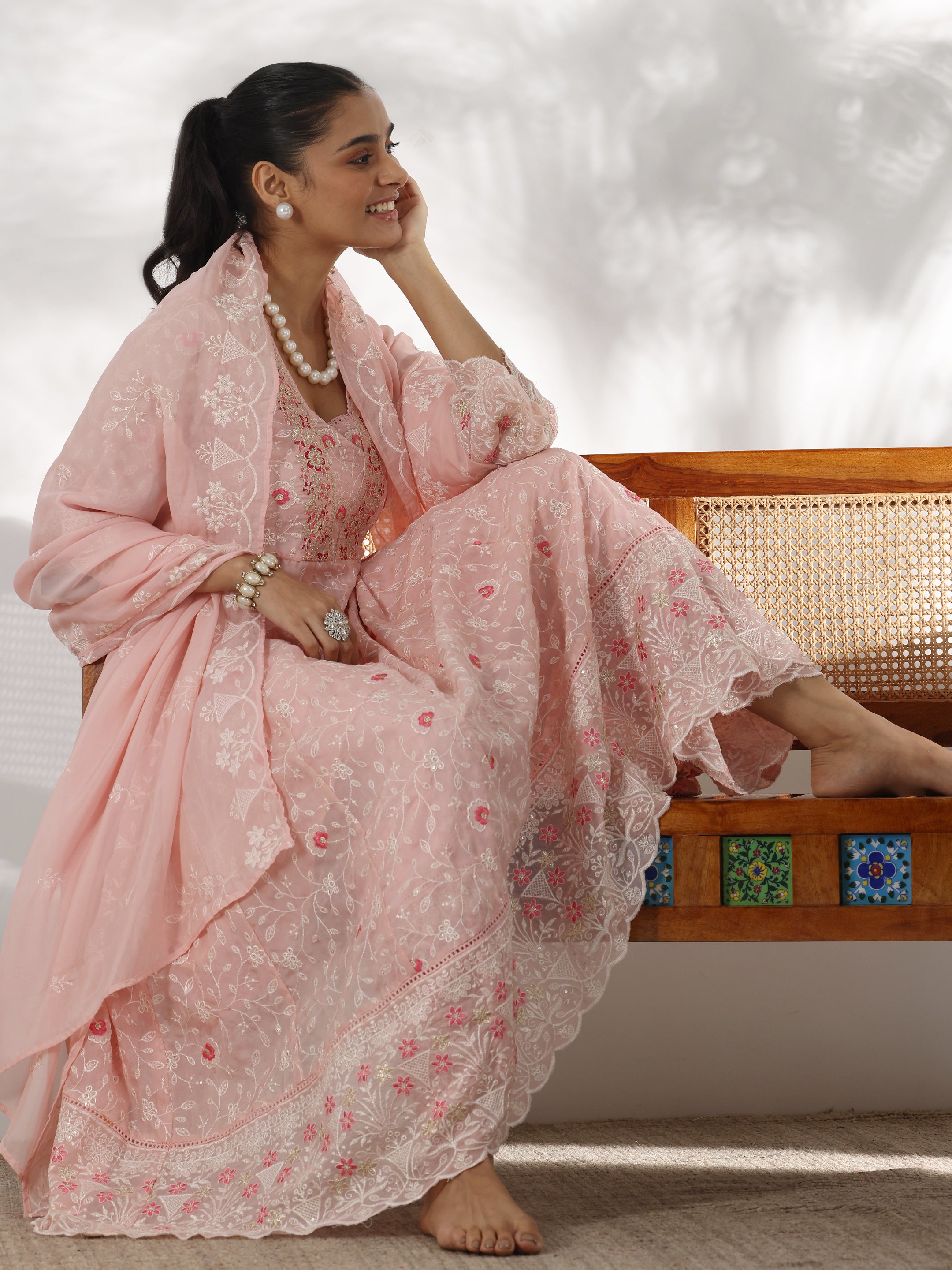 Pink Embroidered Organza Anarkali Suit With Dupatta