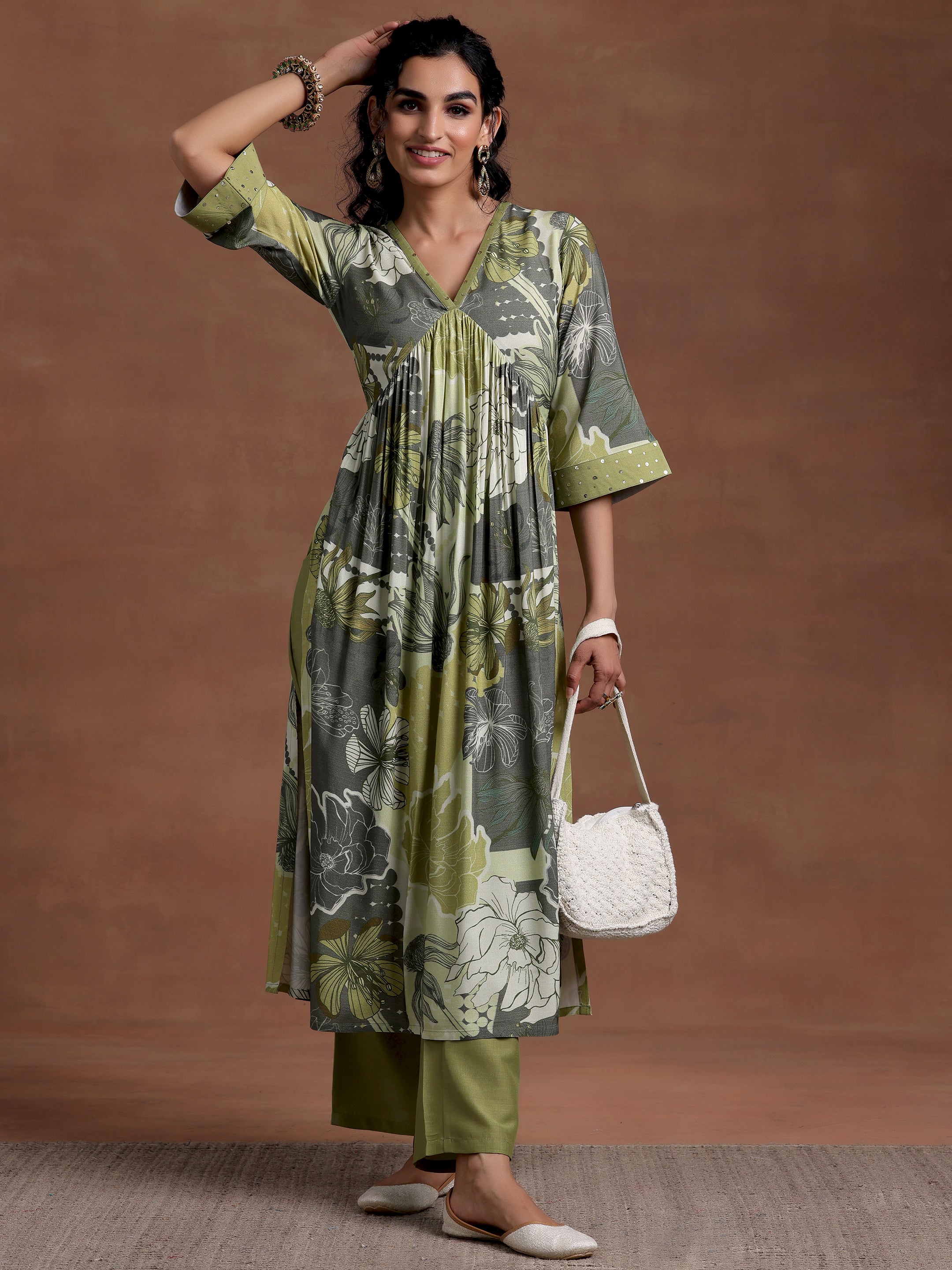 Green Printed Rayon A-Line Kurta With Trousers