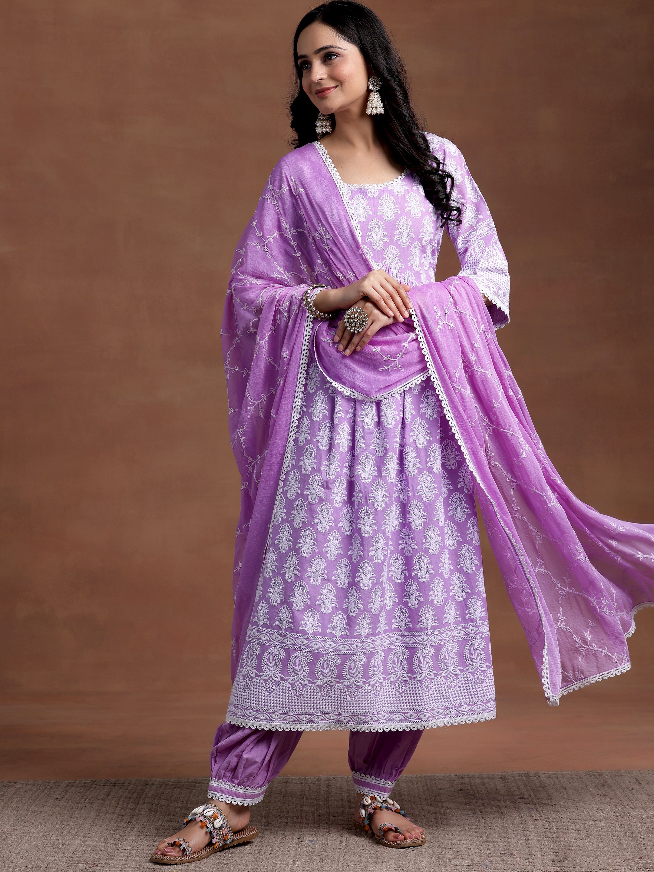 Purple Embroidered Cotton A-Line Kurta With Salwar & Dupatta