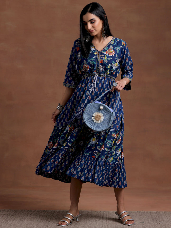 Blue Printed Cotton Fit and Flare Dress