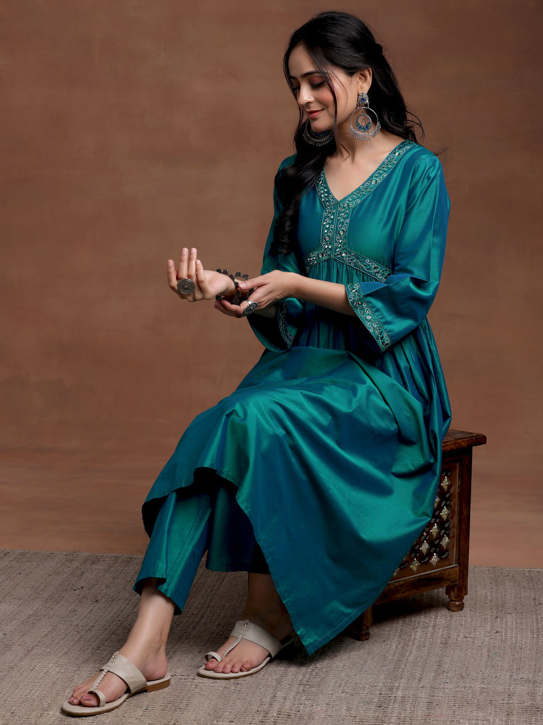 Teal Blue Solid Silk Blend A-Line Kurta With Trousers