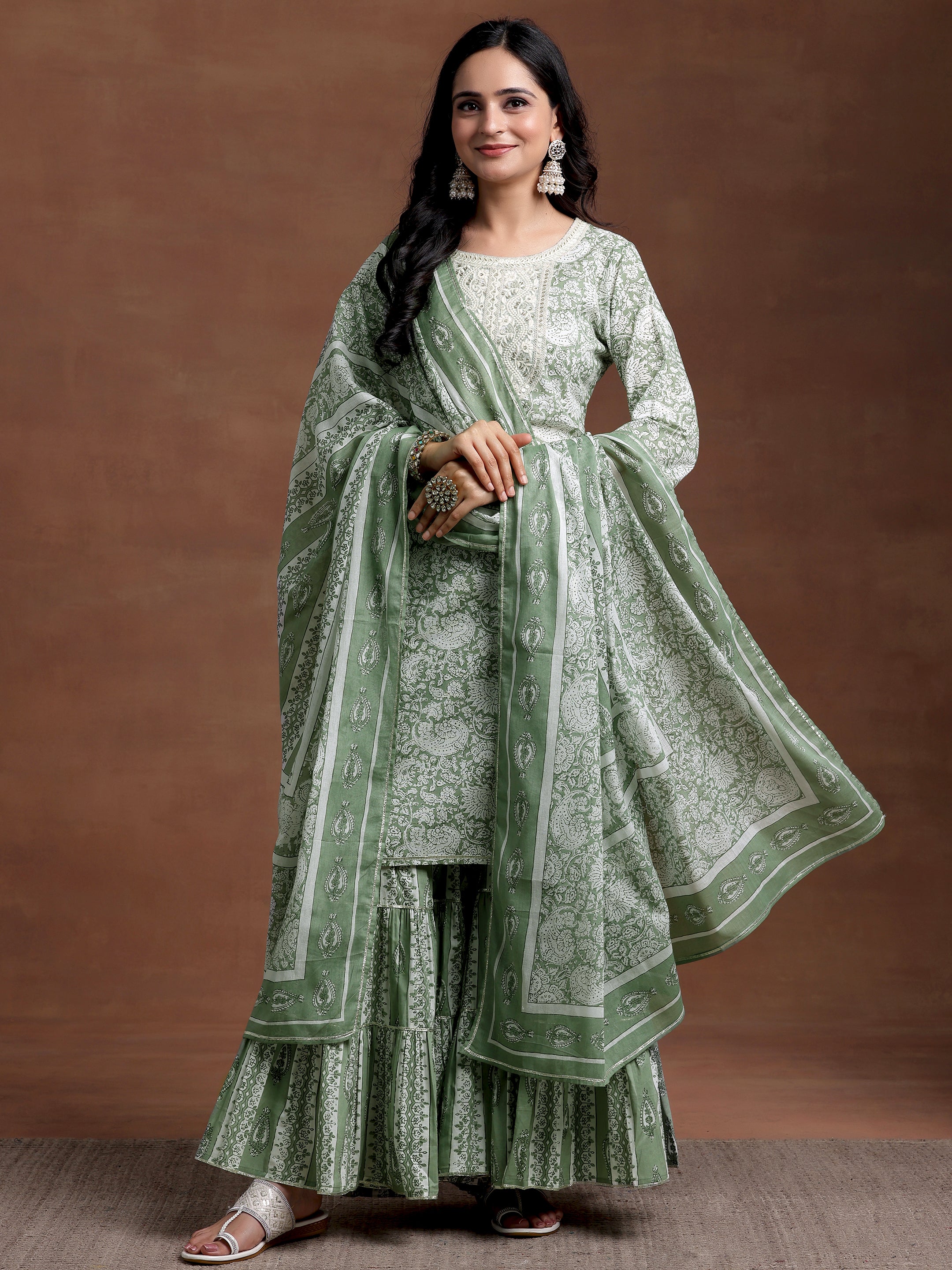 Green Yoke Design Cotton Straight Suit With Dupatta