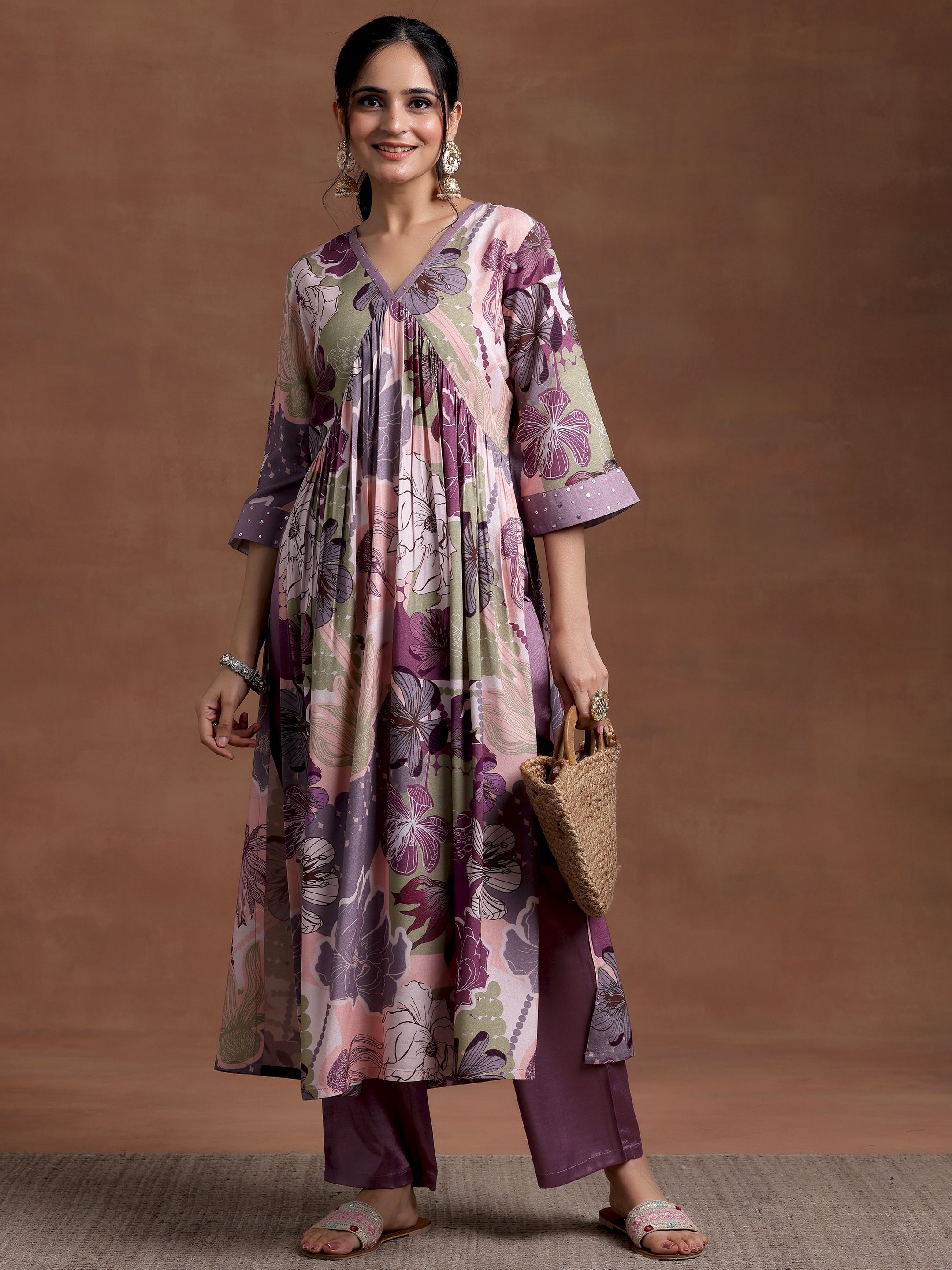 Mauve Printed Rayon A-Line Kurta With Trousers